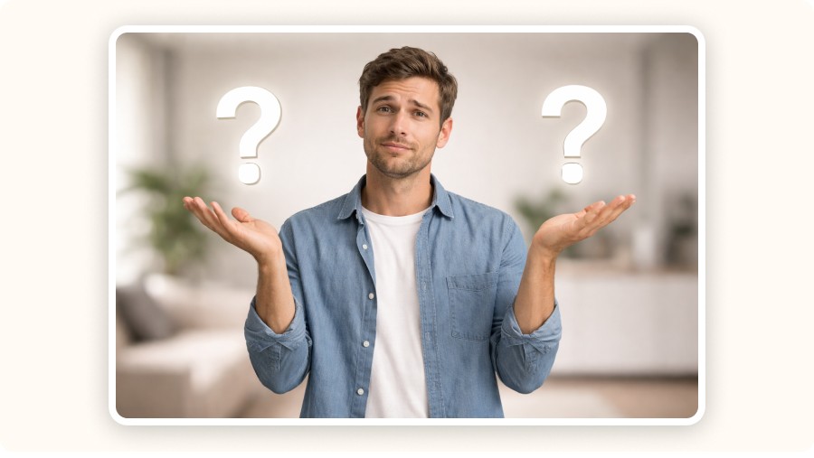 Hesitating man with question marks