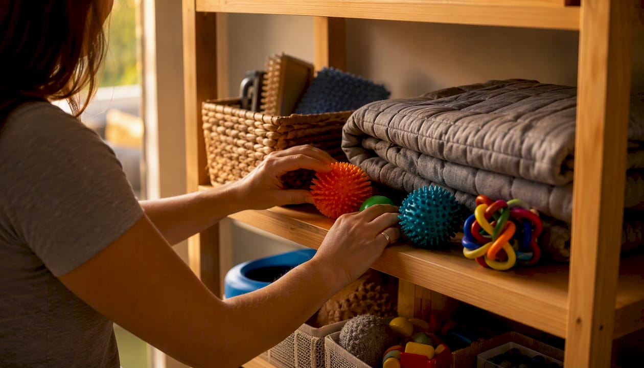 Mother organising sensory toys and supplies on a shelf at home