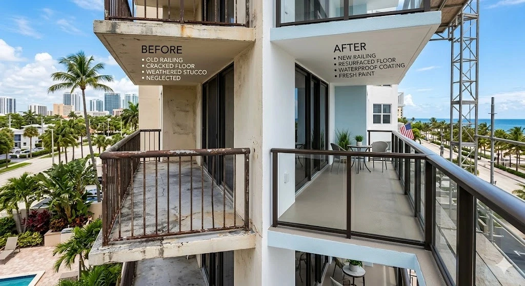 Full balcony restoration including waterproofing and railing repair on a Fort Lauderdale condo — Planet Construction FL