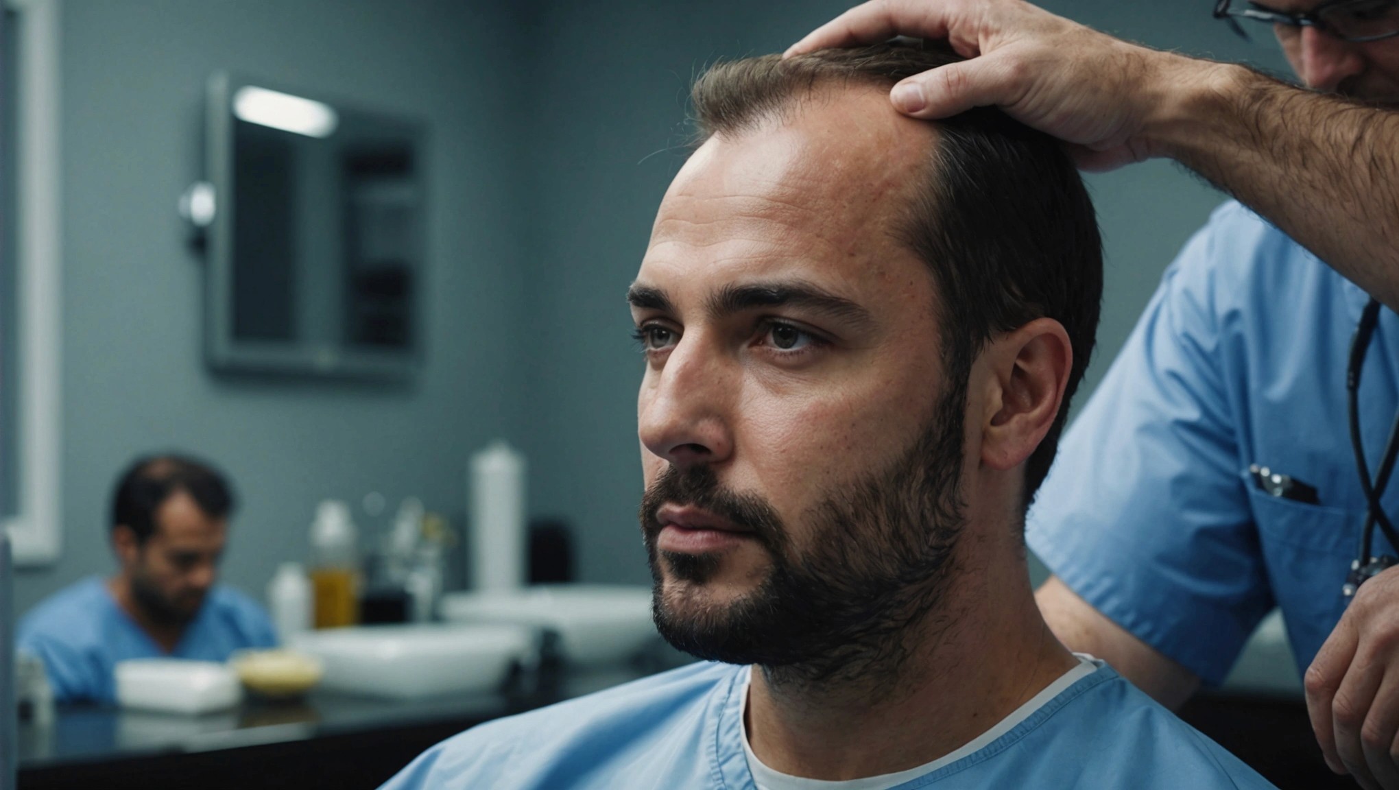 A smiling dentist in a white coat holding a clear dental aligner