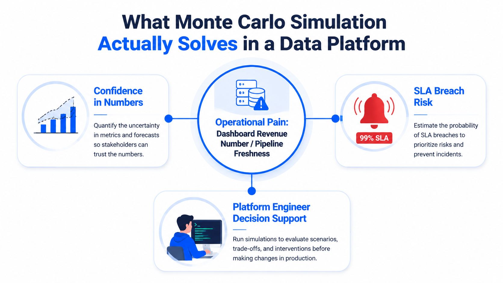 A diagram illustrating how Monte Carlo simulation helps solve operational pain points in data platform management.