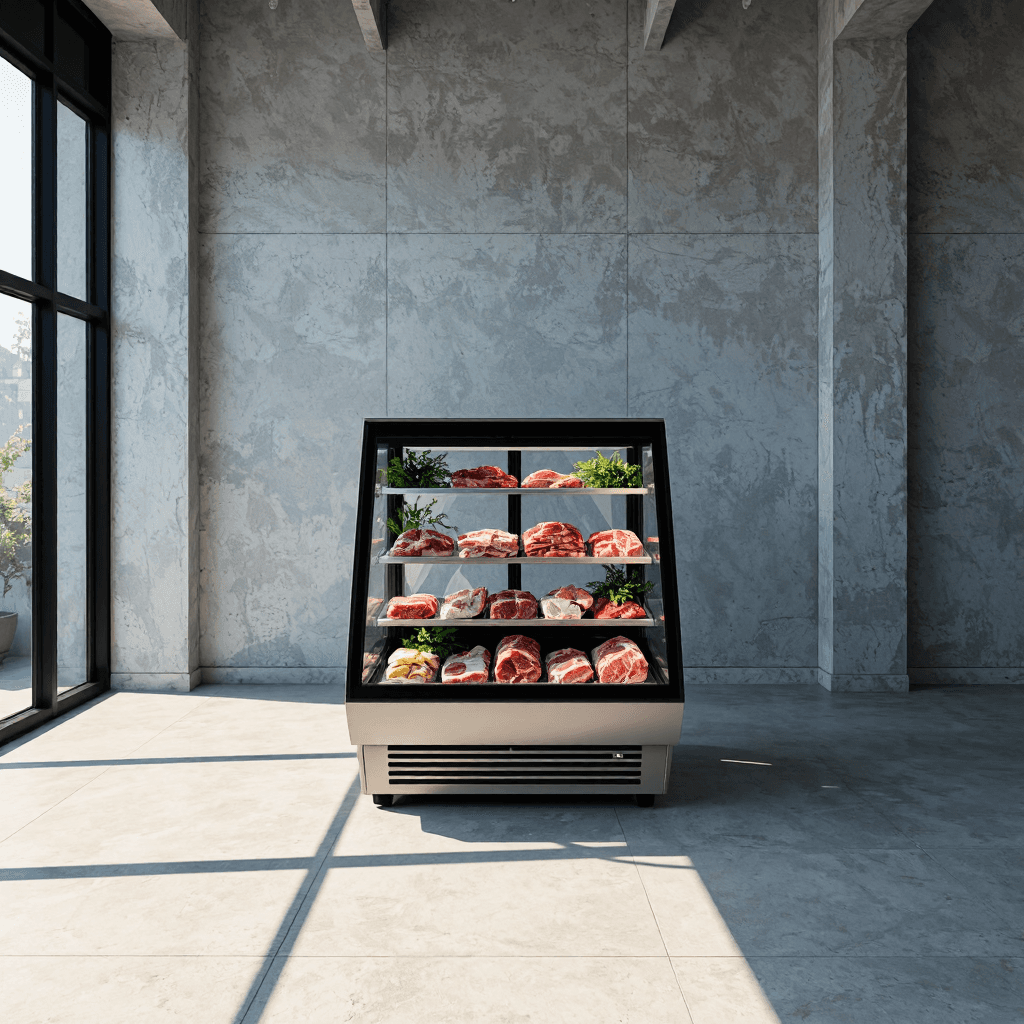 product photography of a refrigerated display case for meat products