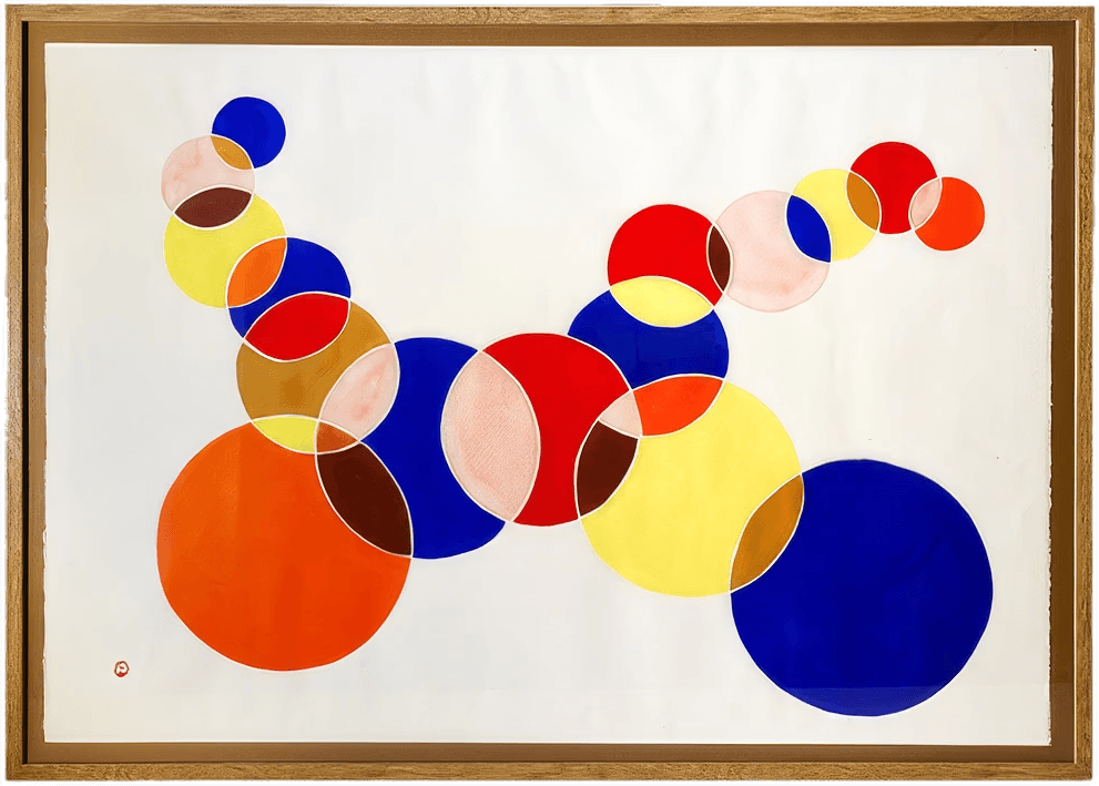 Diptych of two abstract paintings featuring bold organic shapes in red, teal, blue, orange and yellow on a periwinkle blue background