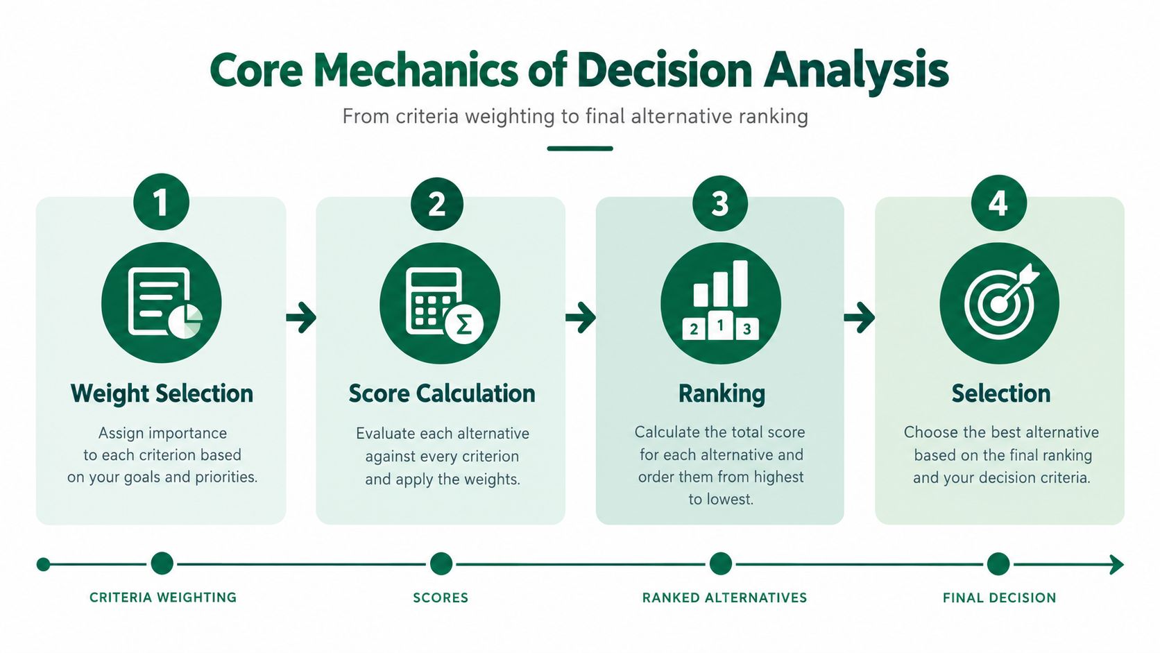 A diagram outlining the four core steps of decision analysis: Weight Selection, Score Calculation, Ranking, and Selection.