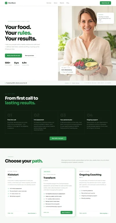 Nutritionist website prompt — white and green split hero with floating plan card preview
