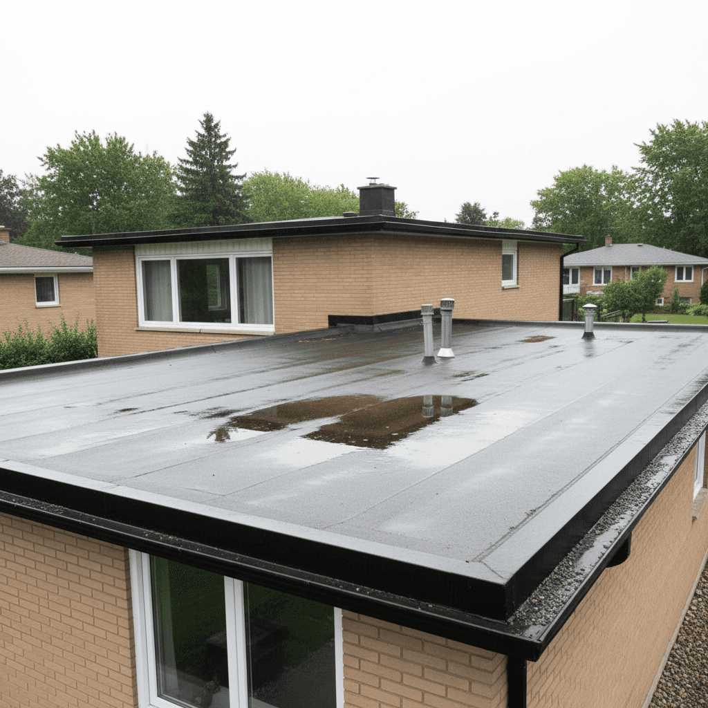 Plat dak met een plas water erop