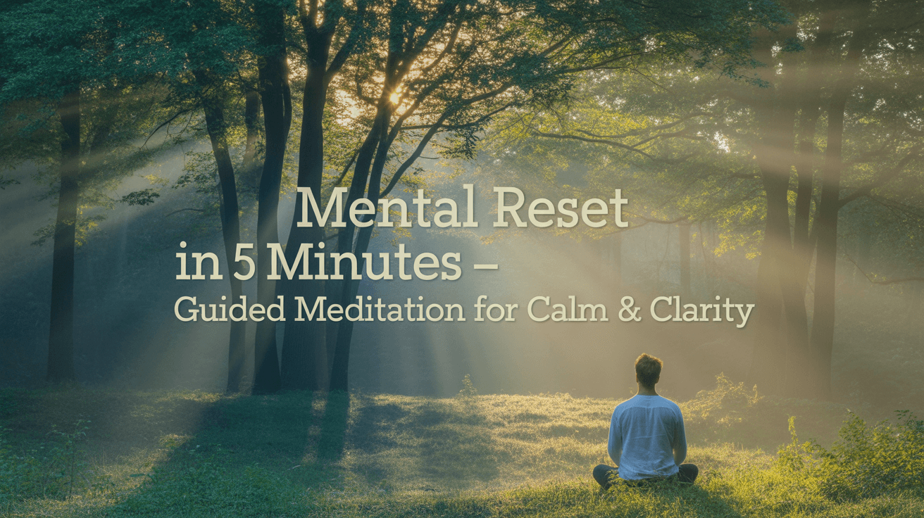 Meditating figure in a sunlit forest with Mental Reset in 5 Minutes text overlay