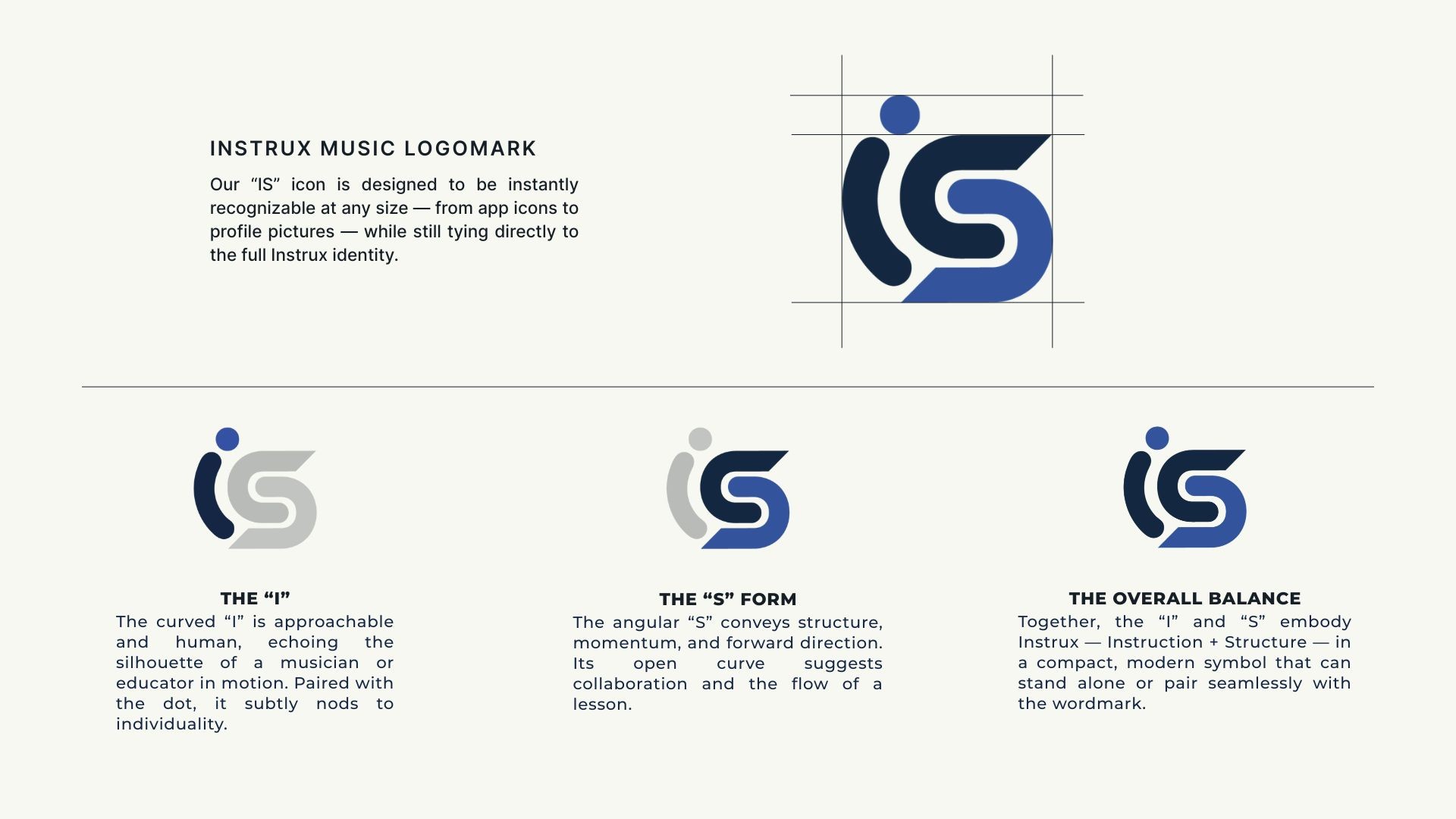 Instrux Music IS logomark design breakdown showing the curved I, angular S form, and how the icon pairs with the full wordmark