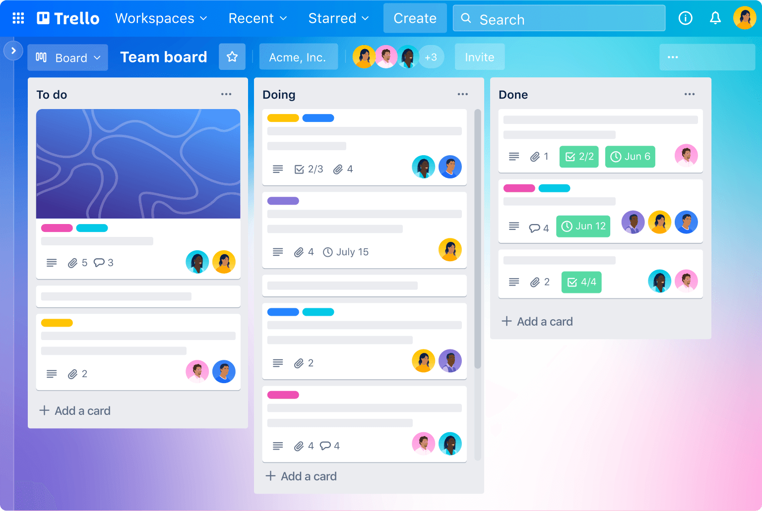 Trello dashboard with Kanban boards