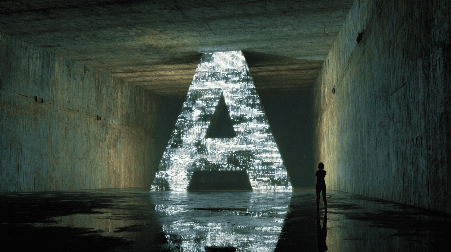 A cinematic shot of a giant, liquid neon letter 'A' floating in a concrete room, representing the shift from vector fonts to AI-generated kinetic typography.