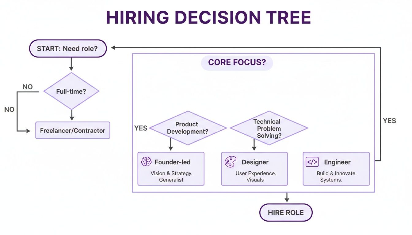 A hiring decision tree flowchart guiding through full-time vs. freelancer, core focus, and specific role types.