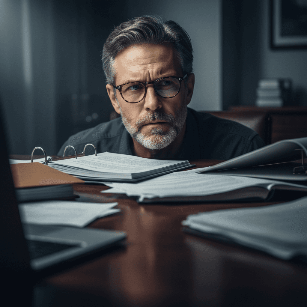 A serious-looking man in his late 40s sitting at a table with papers spread around him and reading glasses perched on his nose. The surrounding background and papers are subtly blurred, creating a shallow depth of field that emphasizes his look of intellectual confusion and struggle to focus, representing brain fog.