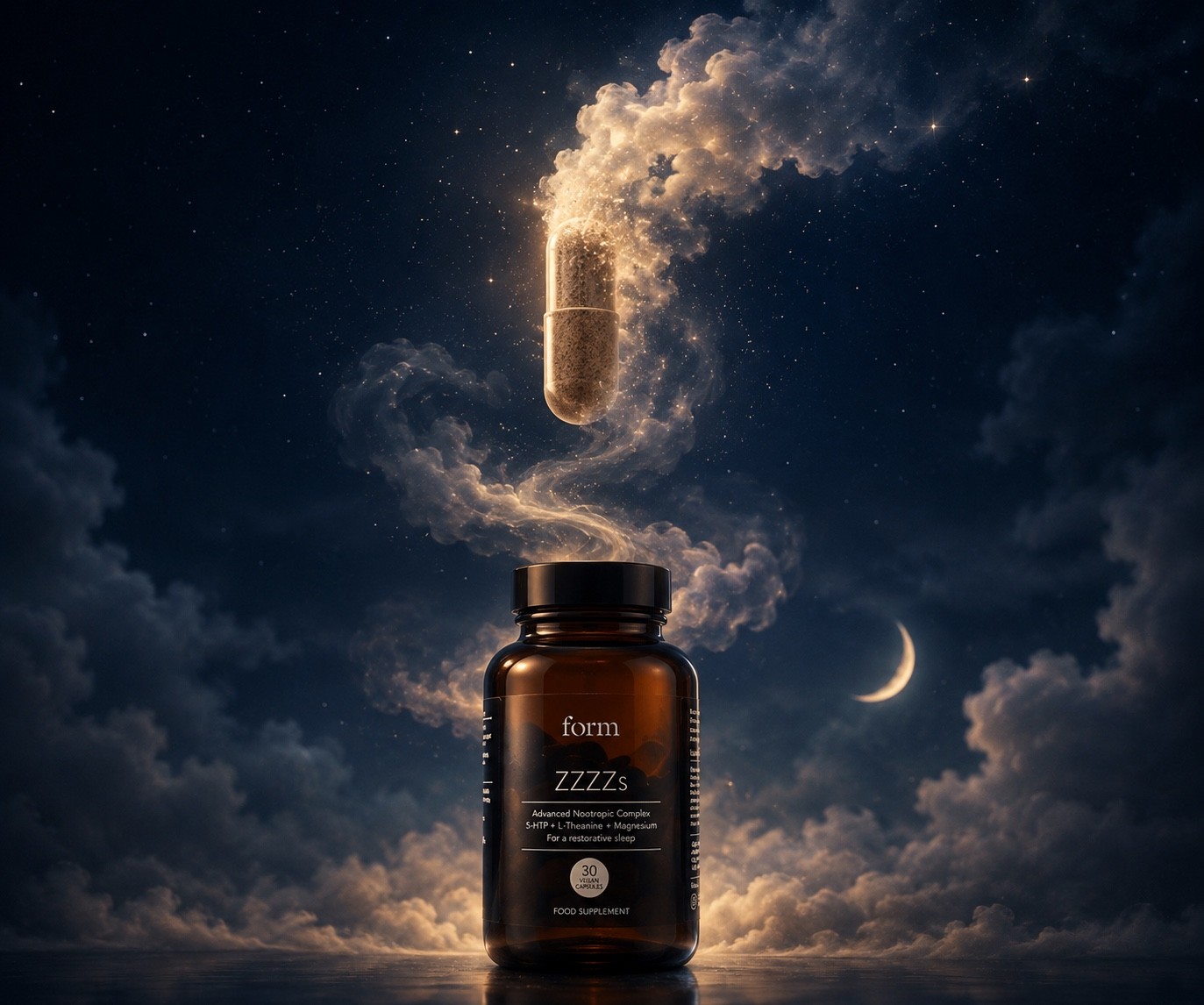A FORM ZZZZs capsule dissolving into luminous sleep clouds above the bottle.