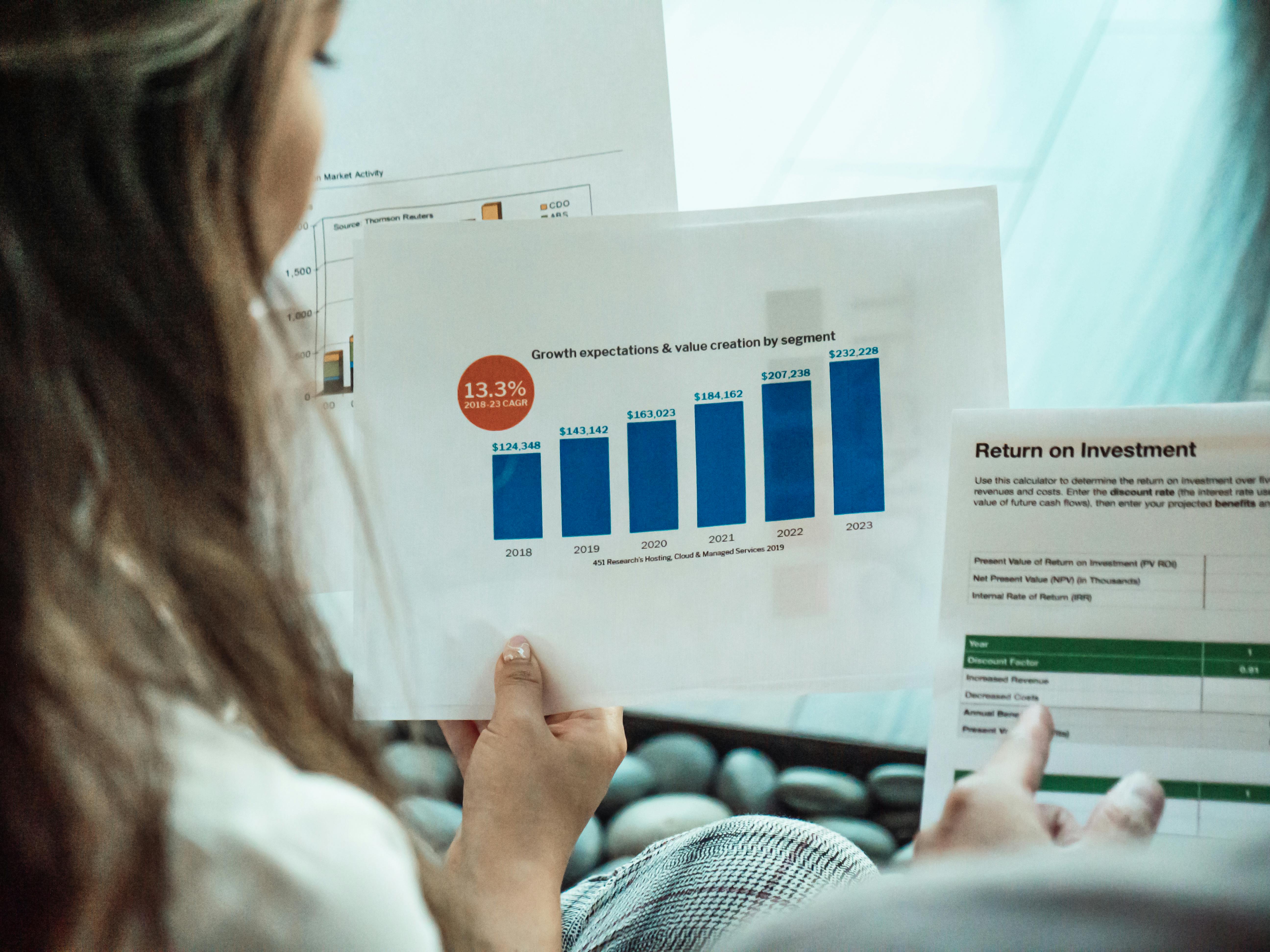 Woman looking at a financial bar chart