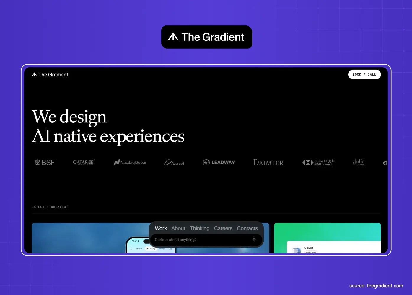 The Gradient website featuring a dark minimalist design and the headline “We design AI native experiences,” with client logos and product previews.