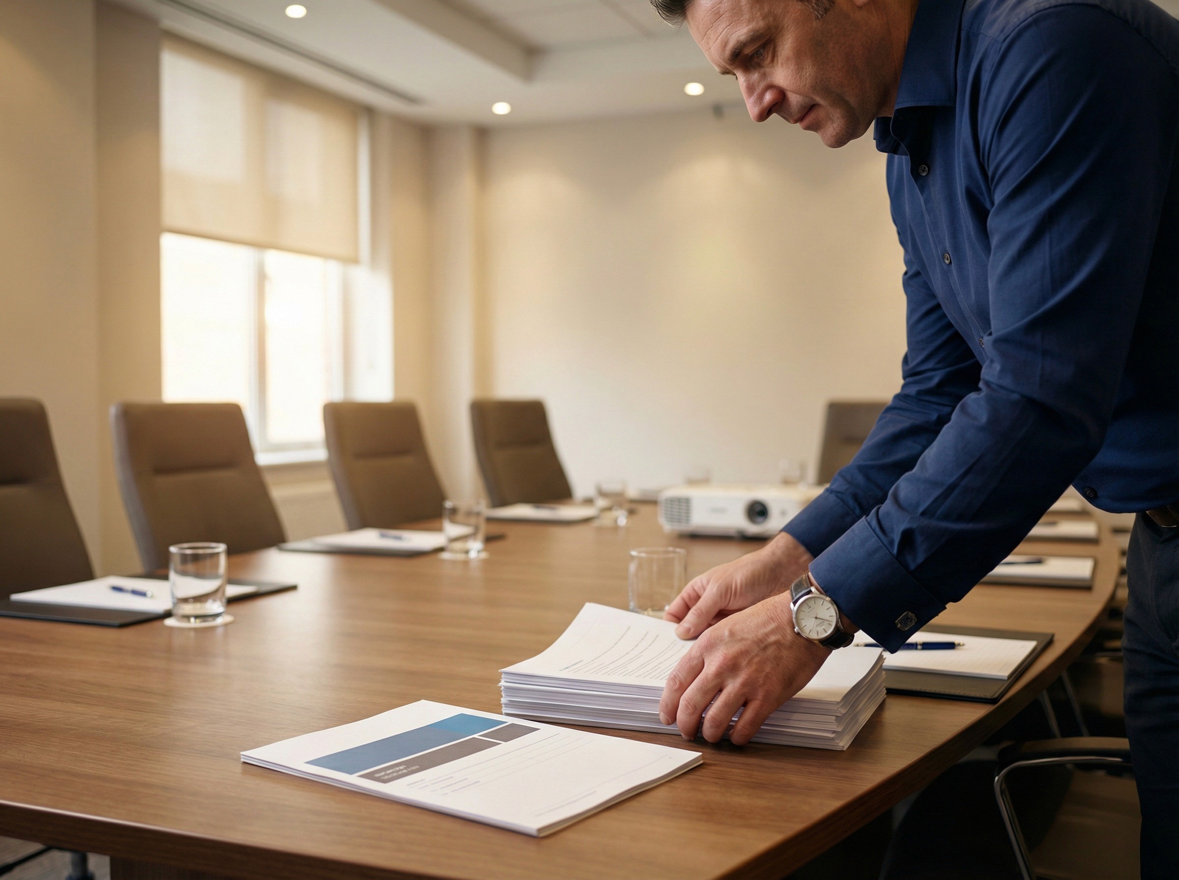 A company secretary in his late 40s sitting at a polished boardroom table twenty minutes before a meeting, placing a freshly printed report into a neat stack of board papers. The report is face-down, being aligned with the edge of the stack. Beside the stack, a single copy is face-up, showing a clean, structured cover page with a title block, a date, and coloured accents — visible in layout but not legible. The boardroom is set for a meeting: water glasses at each place, a projector dark, chairs pushed in. He is the only person in the room.