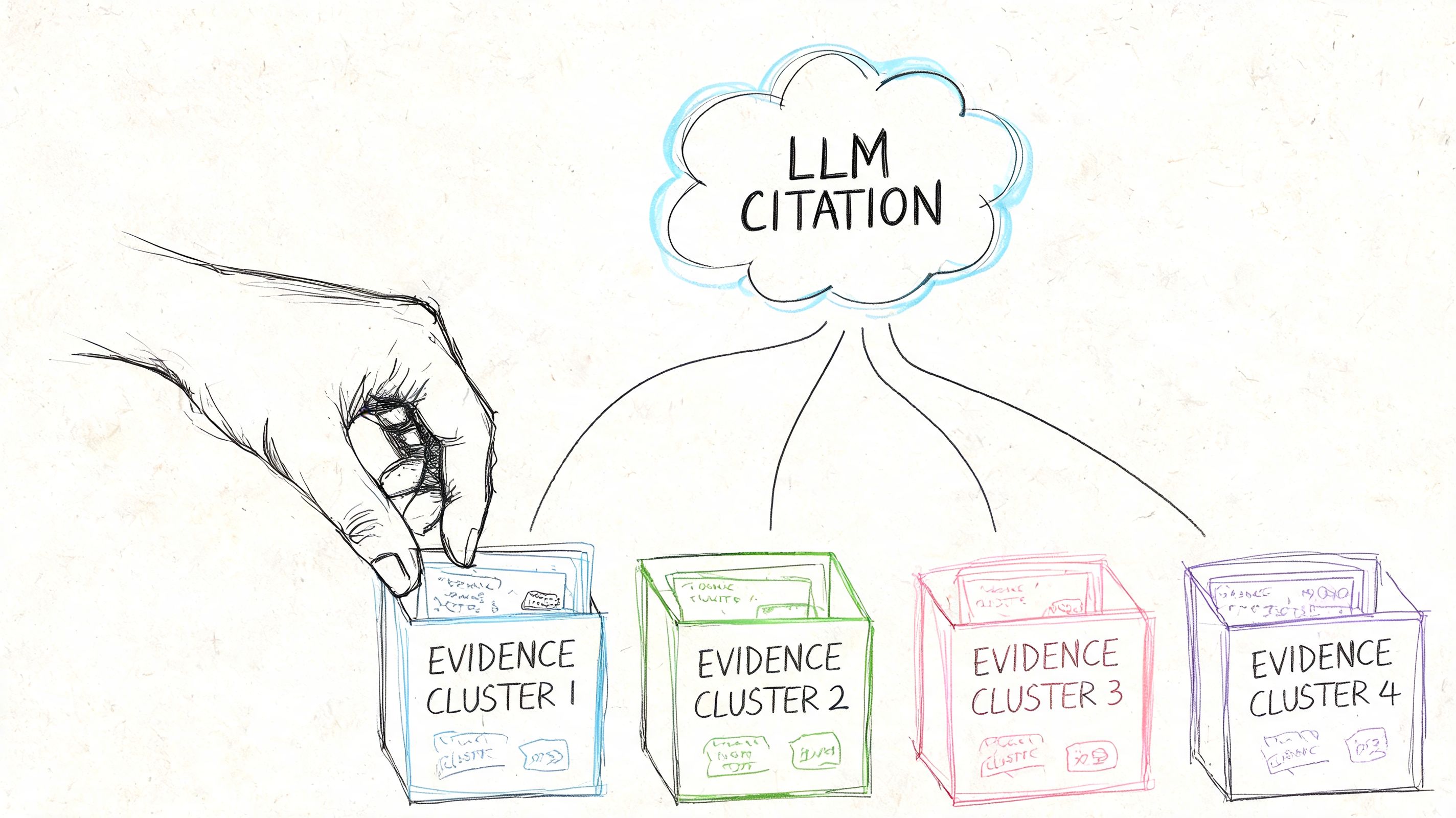 A hand selecting a document from a blue box labeled evidence cluster one for llm citation.