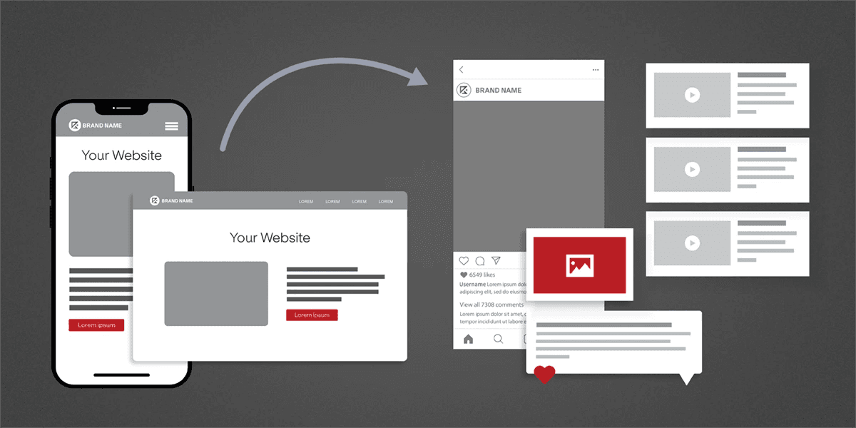 A mobile and desktop browser window with an arrow pointing to multiple windows.