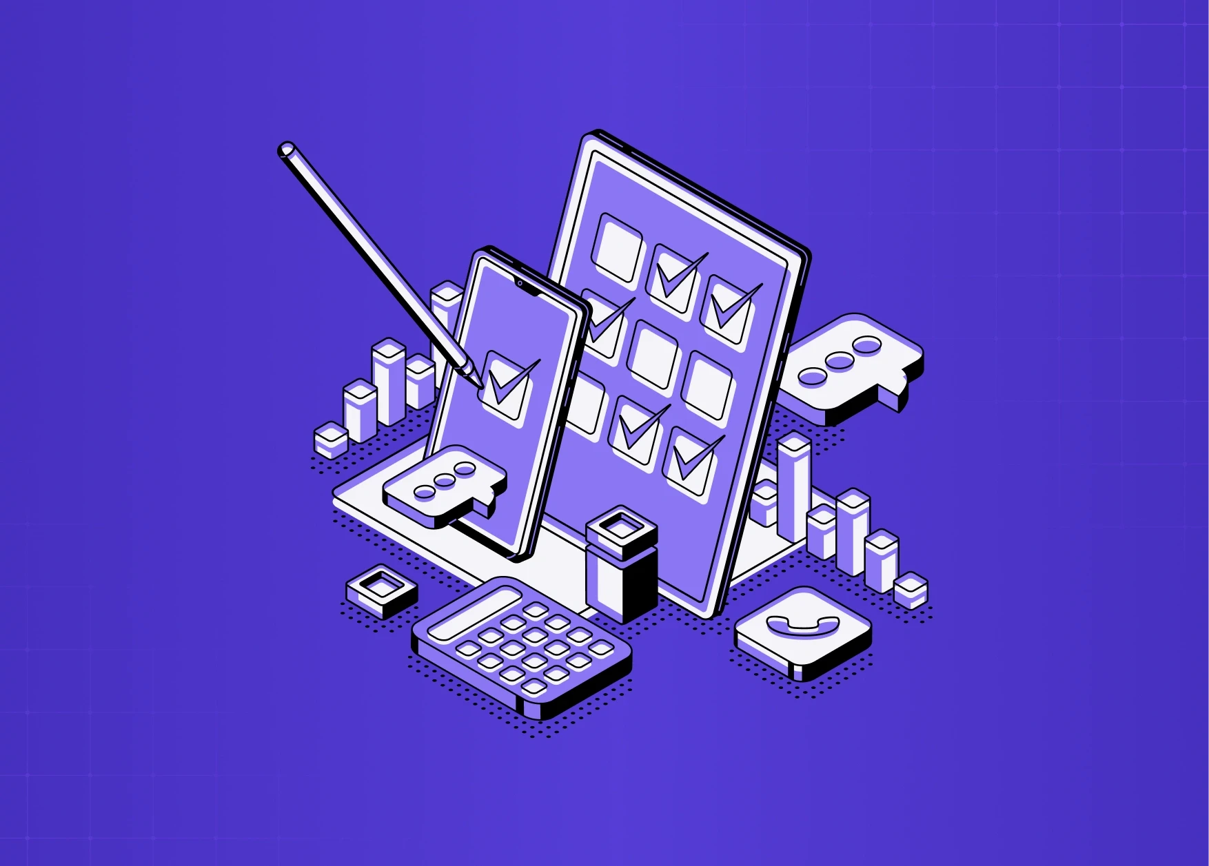 Illustration of checklist and dashboard UI with charts, calculator, and components representing task tracking and analytics.