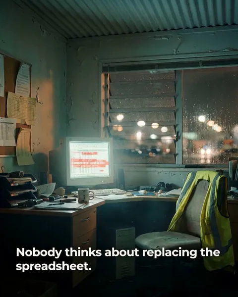 An empty factory office at night, an old computer glowing