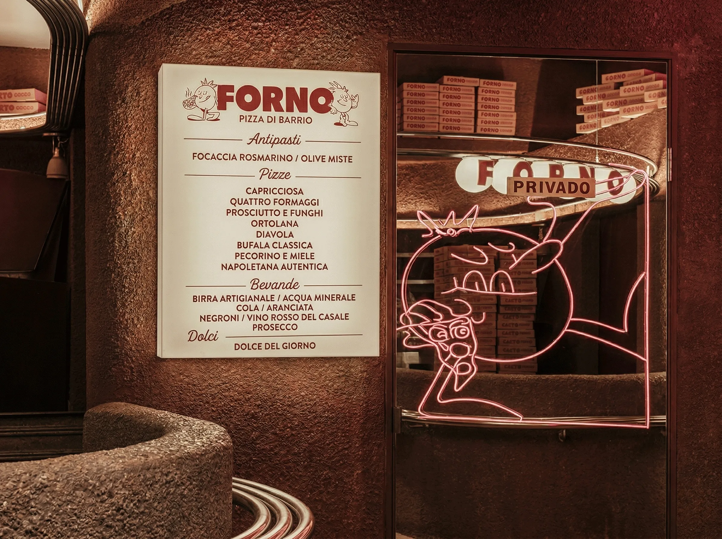 Beleuchtete Menütafel mit handgezeichneter Illustration und Neonschild an texturierter Wand — Markenidentität die sich im Raum selbst ausdrückt, Place Identity für Gastronomie und Einzelhandel