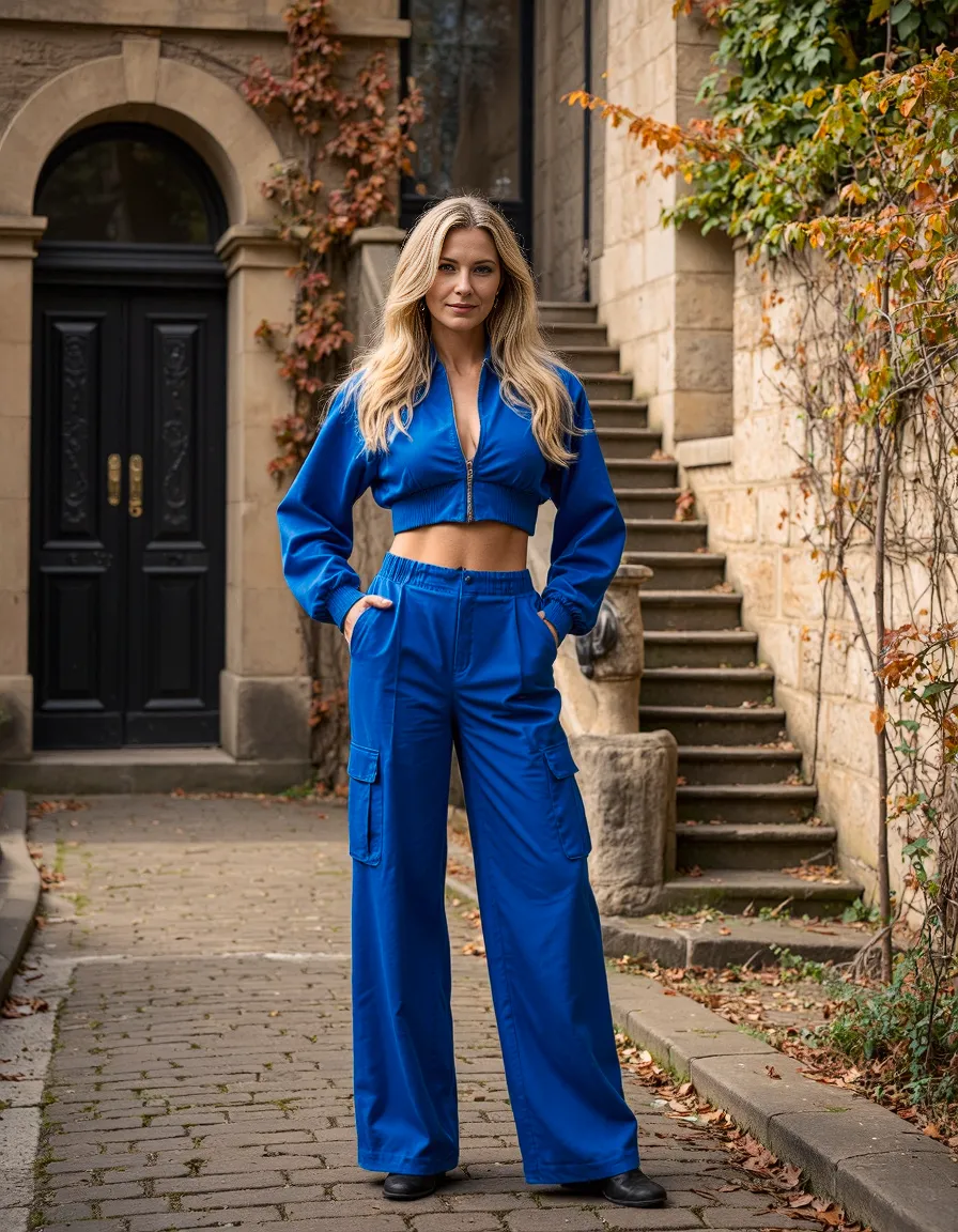 Vibrant blue athleisure two-piece outfit featuring crop top and wide-leg pants against historic stone building with autumn foliage
