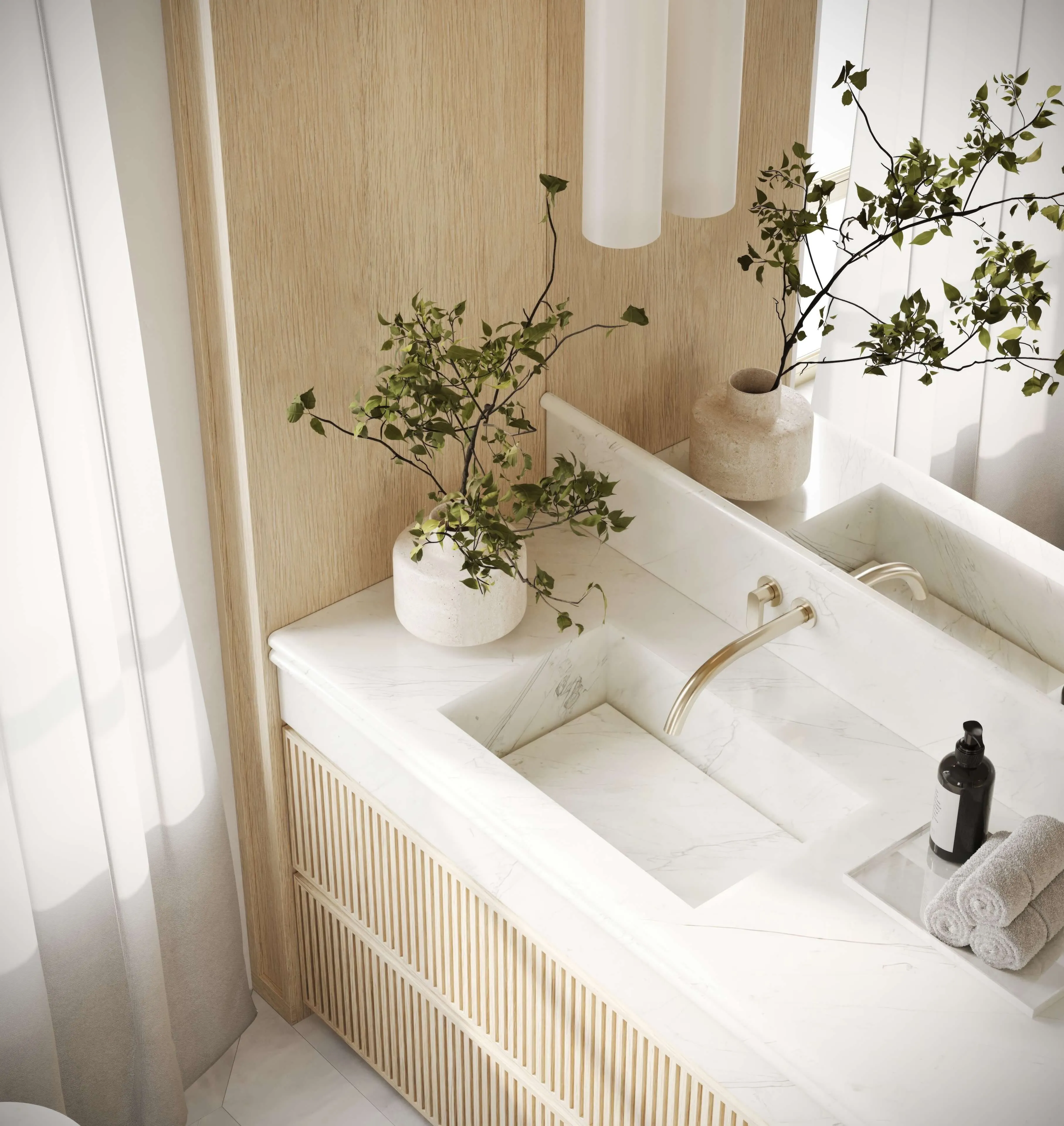 A modern bathroom with a dual sink setup, wooden cabinetry, and a plant