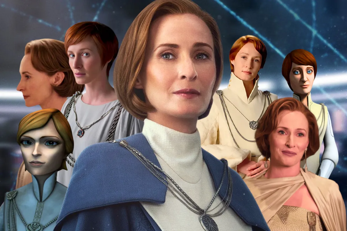 Collage of Mon Mothma’s appearances across Star Wars, featuring both animated and live-action versions from Andor, Rebels, Clone Wars, and Return of the Jedi.