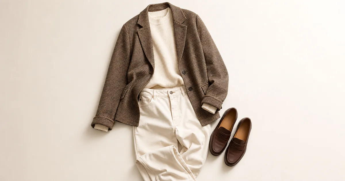 Hero garment beside a phone showing a matching outfit for autumn capsule wardrobe on a warm ivory background