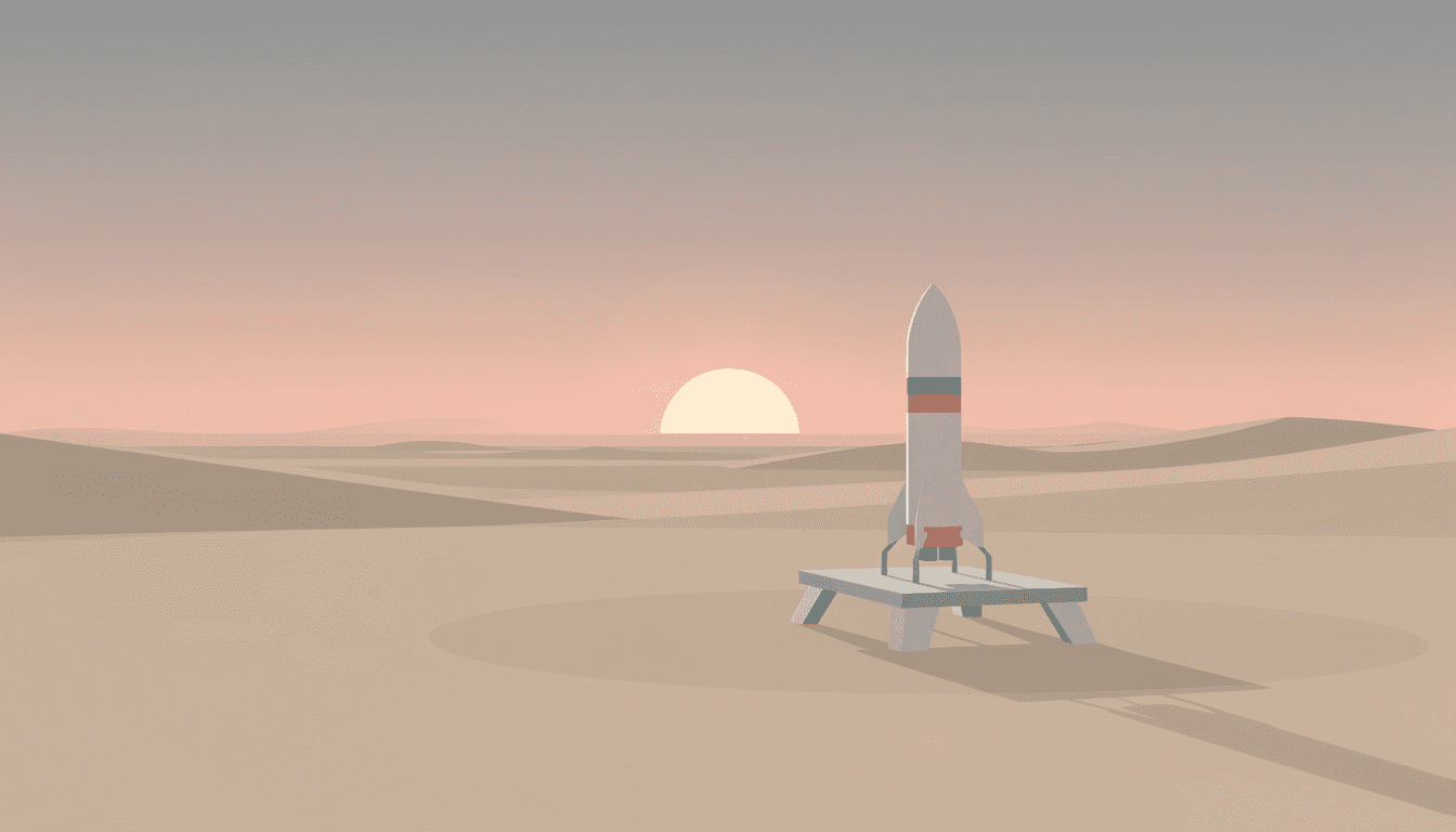 A small rocket sits ready on a launch pad in an empty landscape at dawn, representing a SaaS product launched to silence