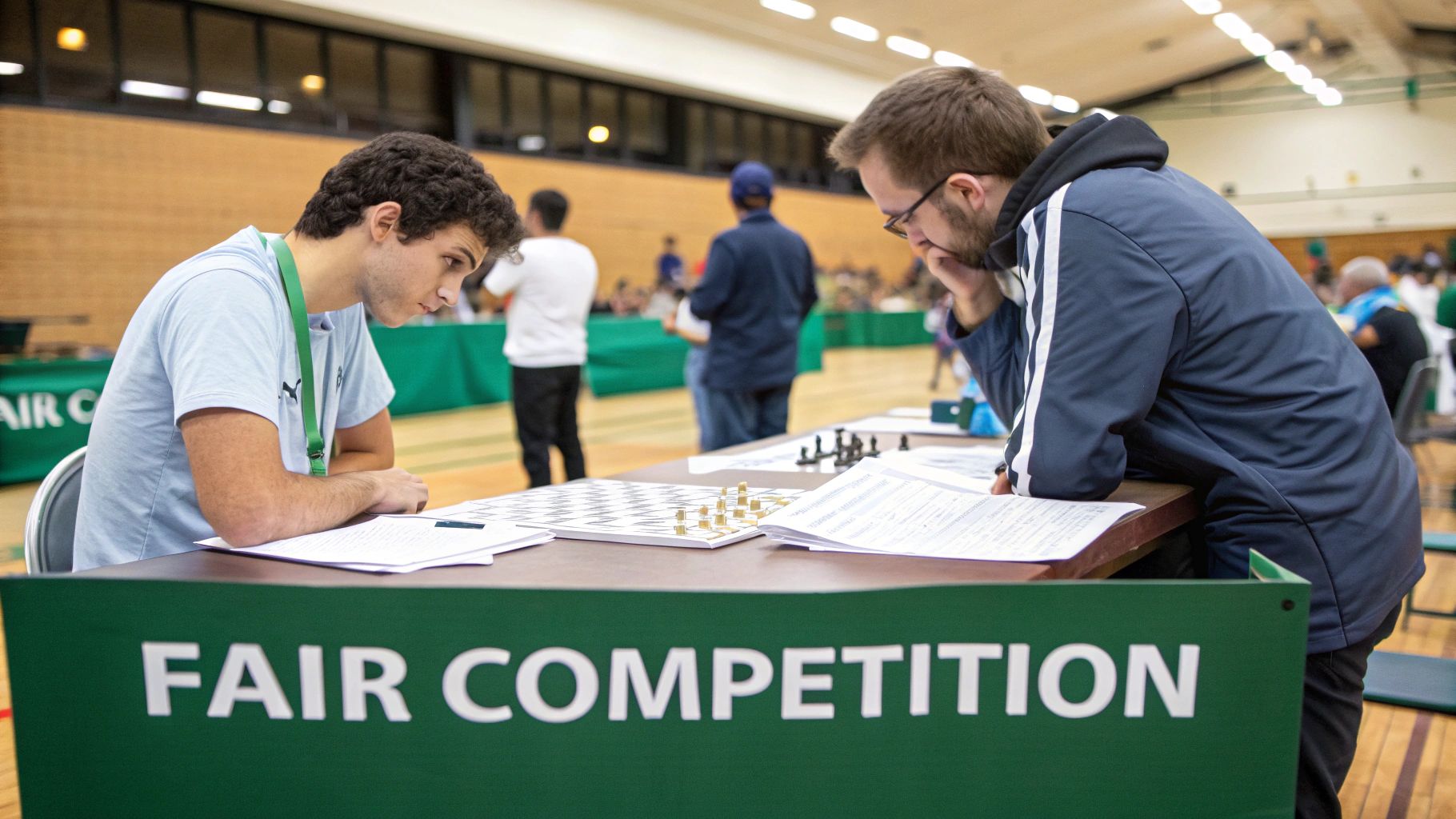 Two young men intensely focused on a chessboard during a fair competition, with spectators in the background.