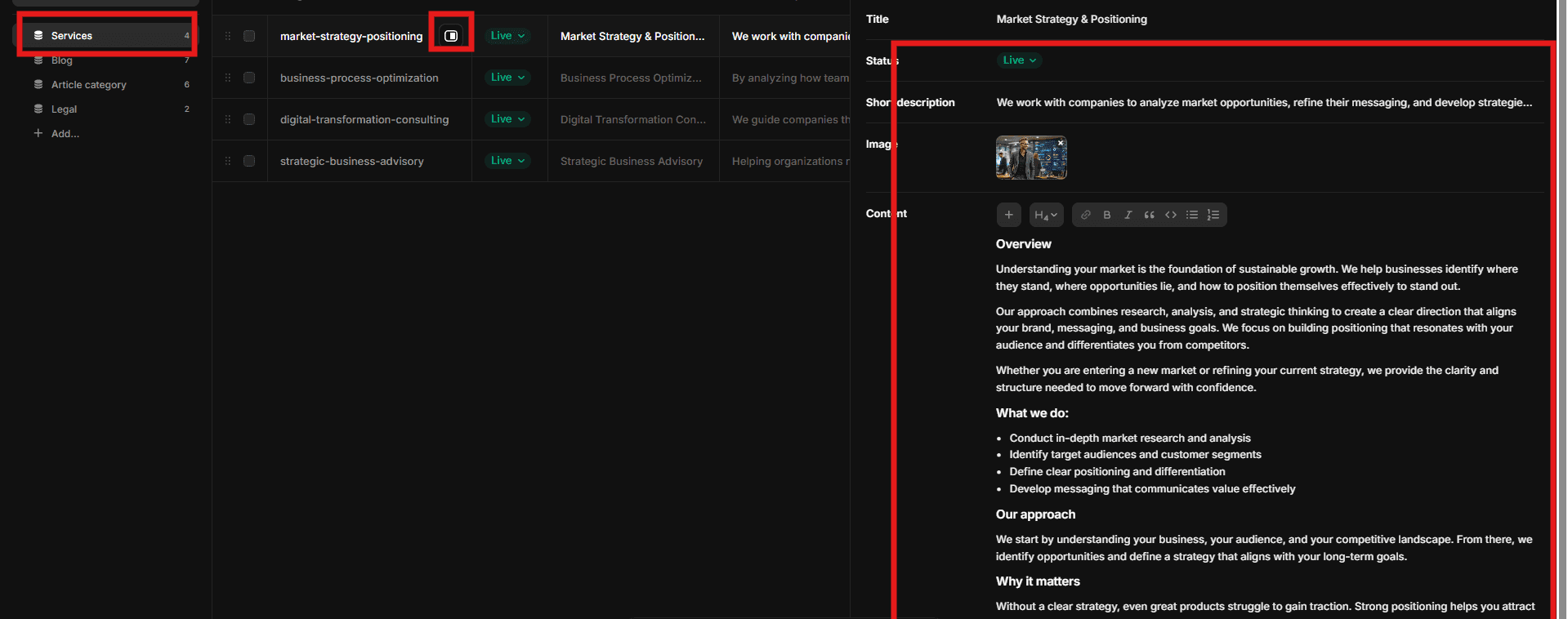 Editing Nexias service entries in the Services CMS collection