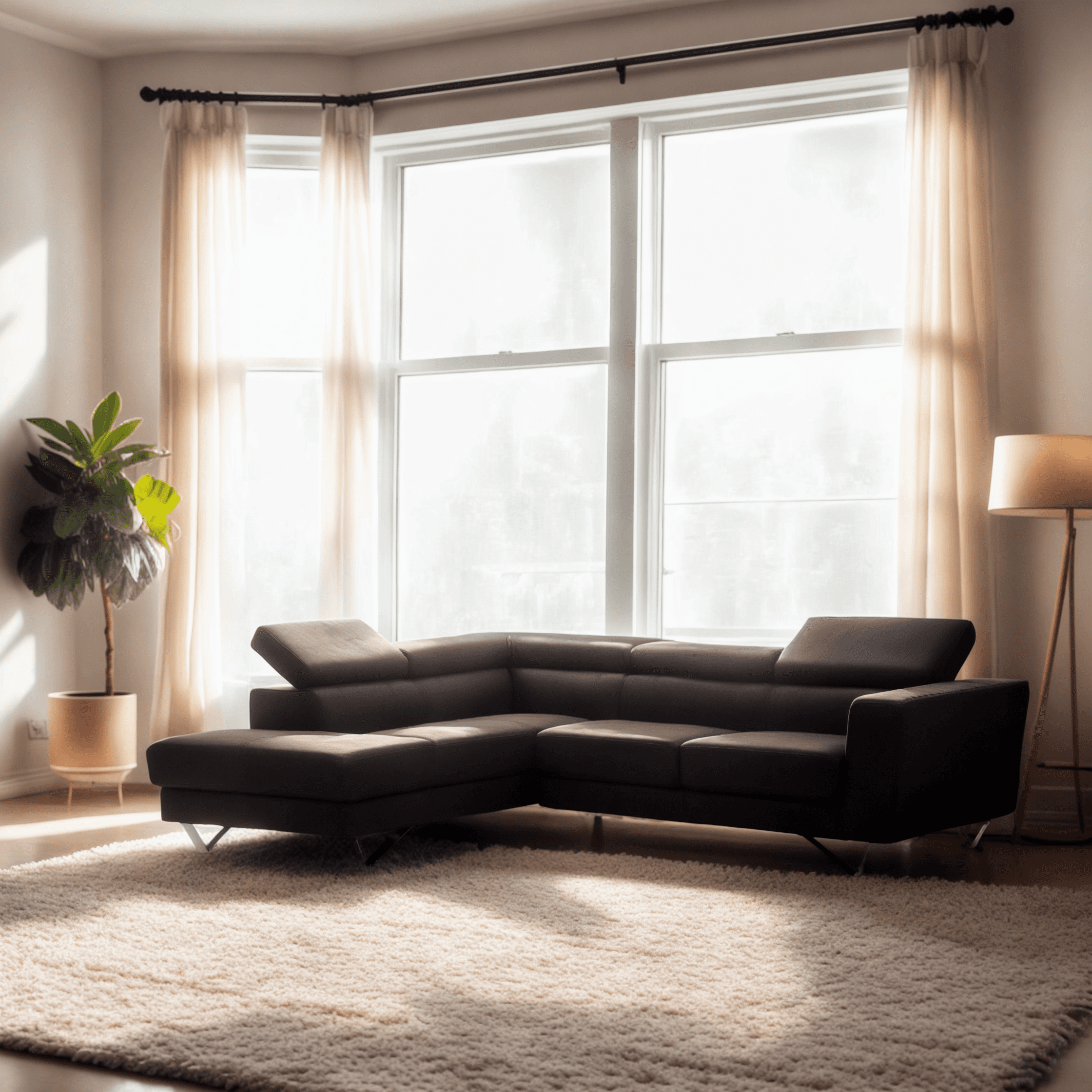 Leather sofa in a living room with big windows. Image generated by AI using Fuzer