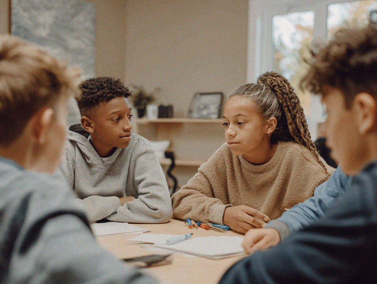 The image shows a small group of students sitting around a table and talking together. Two students in the center—a boy wearing a gray hoodie and a girl with braided hair wearing a tan sweater—are facing each other and appear engaged in discussion. Papers, notebooks, and colorful markers are spread across the table. Other students are partially visible around them, suggesting a collaborative group activity or study session in a classroom or learning space.
