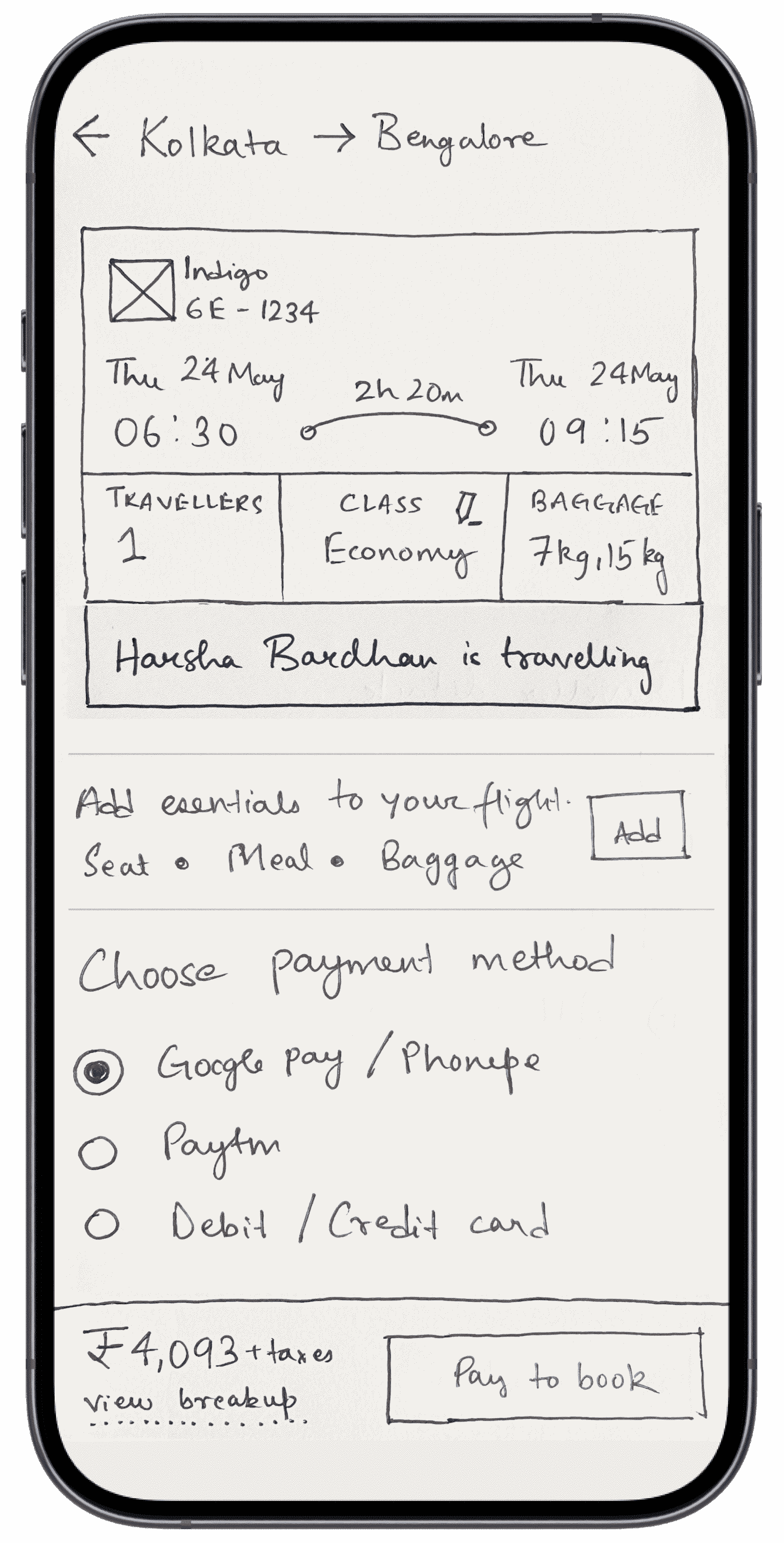 Pen & paper wireframe sketch of Itinerary with Ancillaries