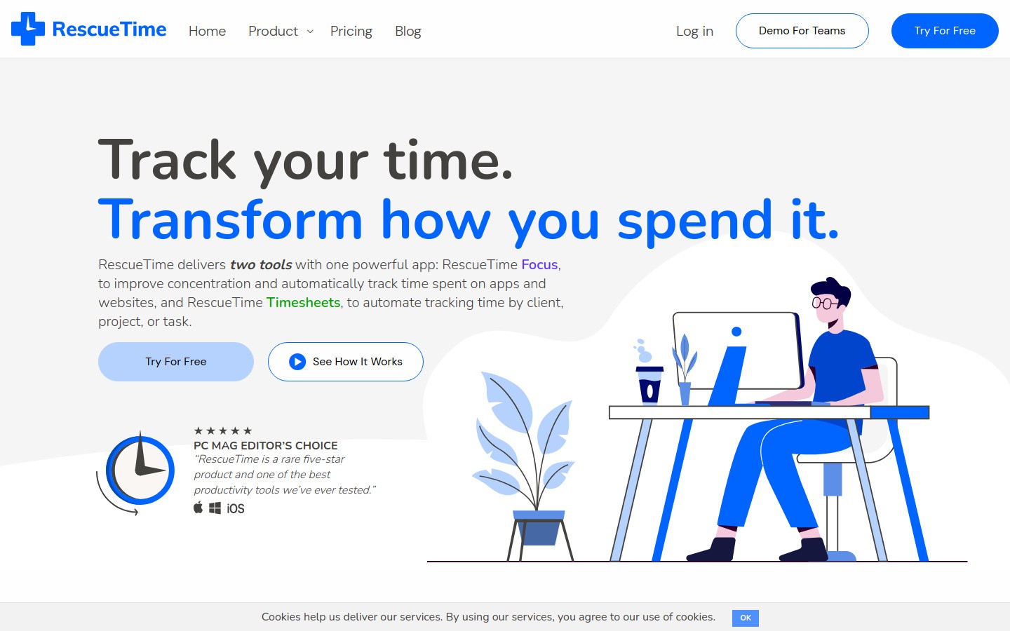 RescueTime homepage hero section showing productivity analytics dashboard