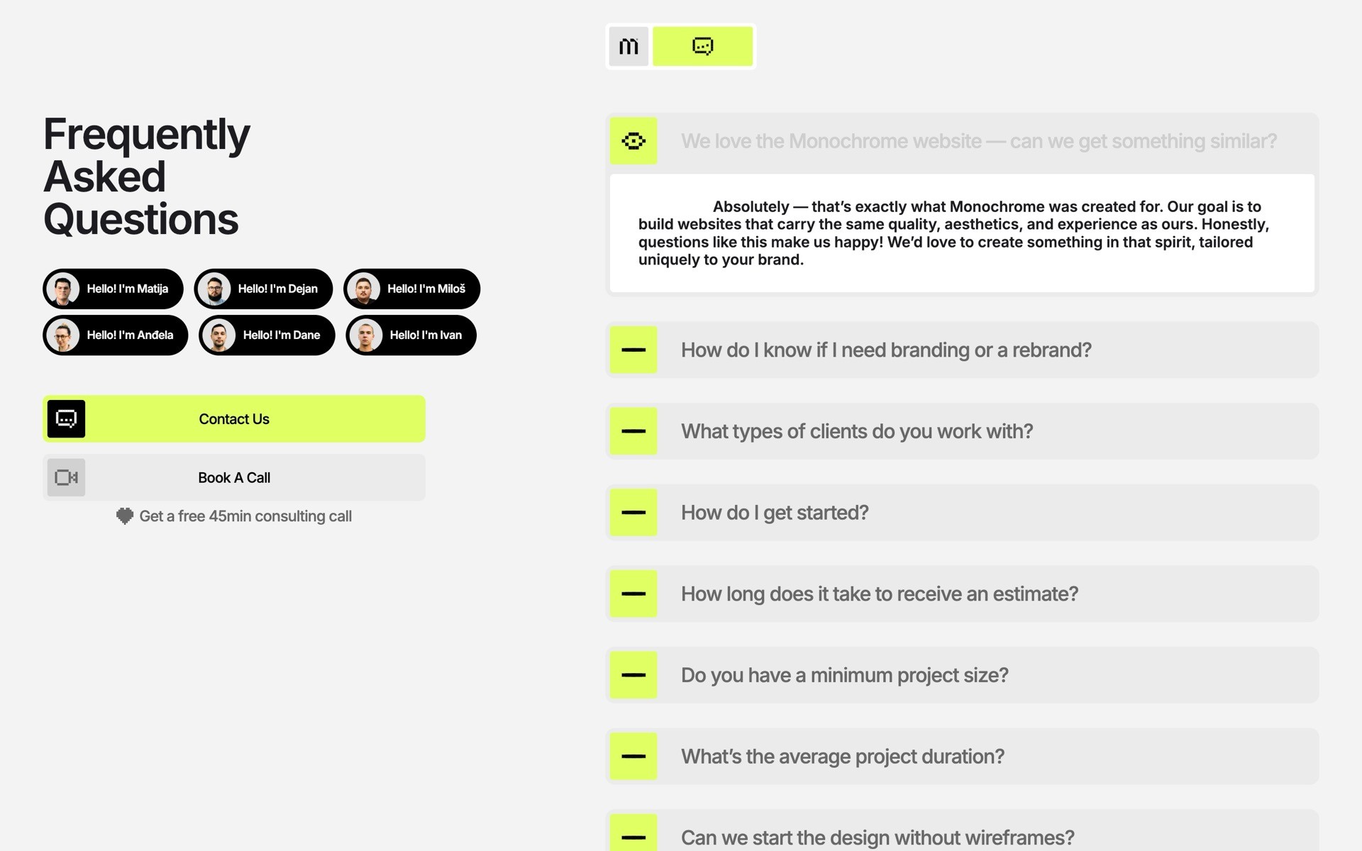 This image features a website FAQ section with a list of questions on branding, project types, and timelines, alongside icons for team consultations and a contact option for booking a 45-minute consulting call.
