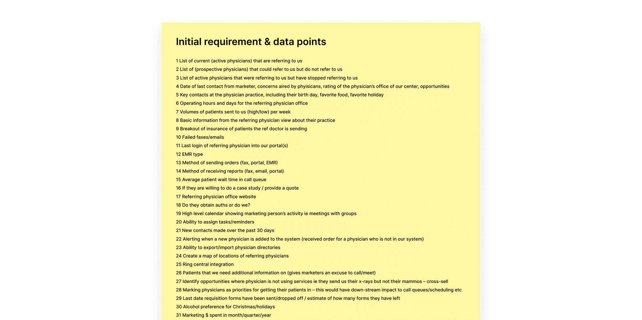 Big sticky note contains list of all the requirements and data points.