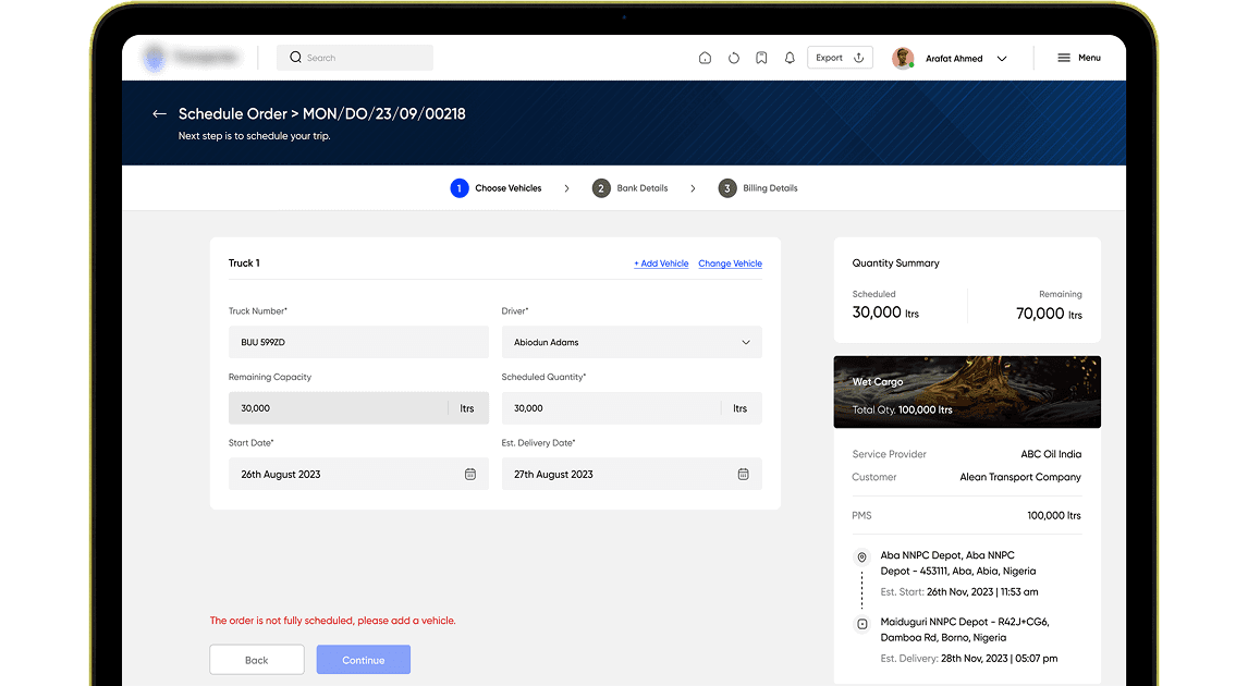 Schedule Order — choose vehicles