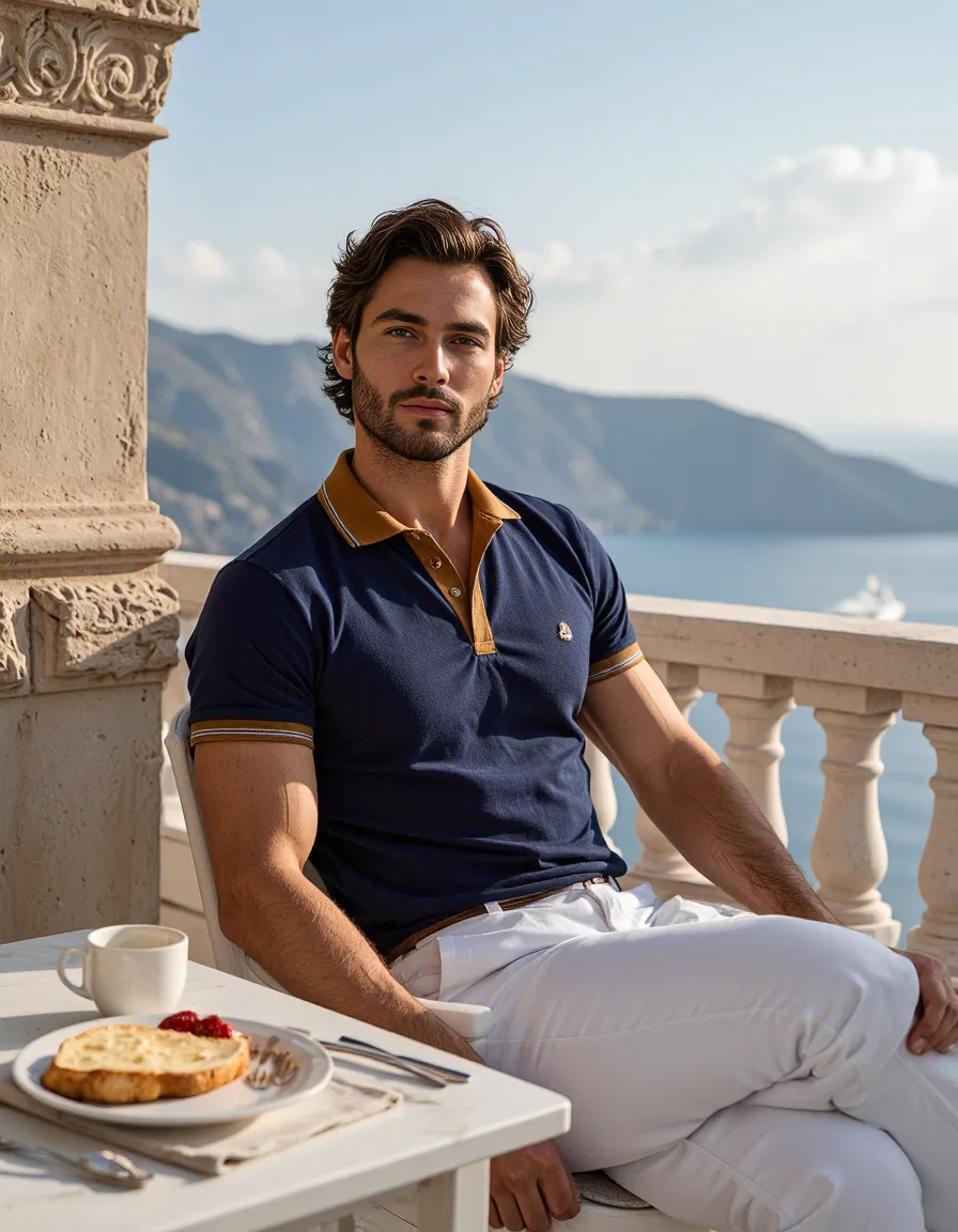Elegant coastal scene featuring navy polo and white pants on Mediterranean terrace with breakfast setup overlooking mountain coastline.