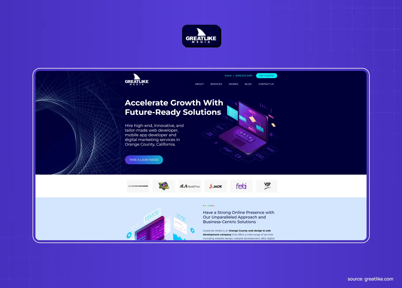 GreatLike Media homepage, an Orange digital marketing and web design firm publishing a $49 hourly rate