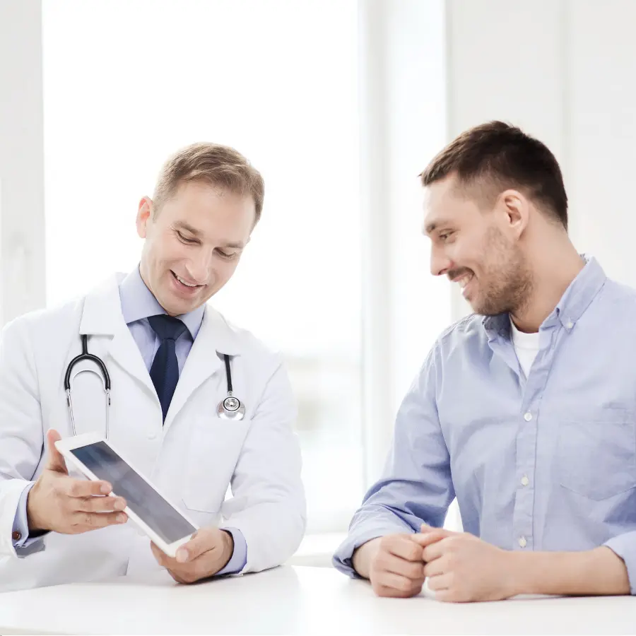 AI health assistant helps a doctor use a tablet to explain medical information to a smiling patient during a consultation