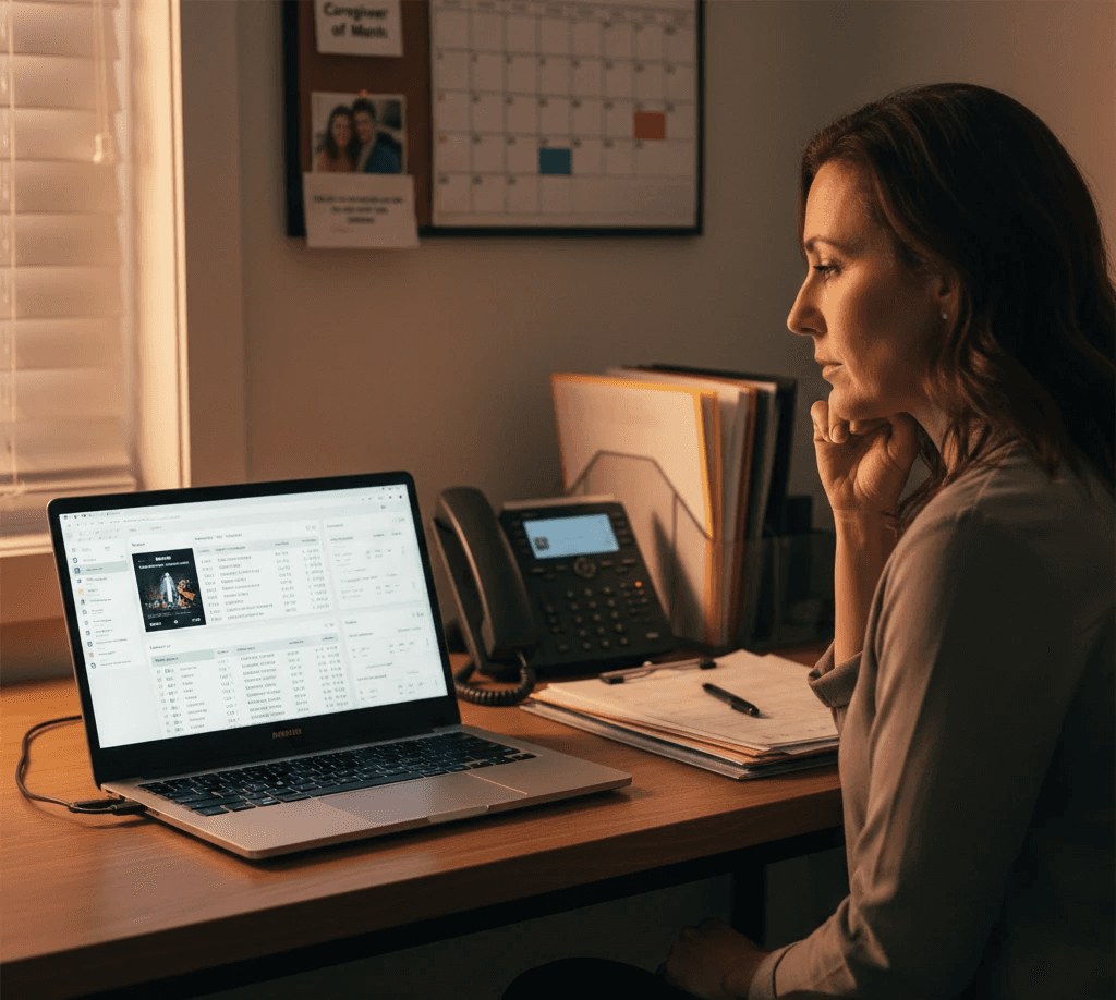 Profile view of a woman in an office looking at a laptop screen with data charts. An office phone and folders sit on the desk. A wall calendar is visible in the background. Soft, warm lighting.