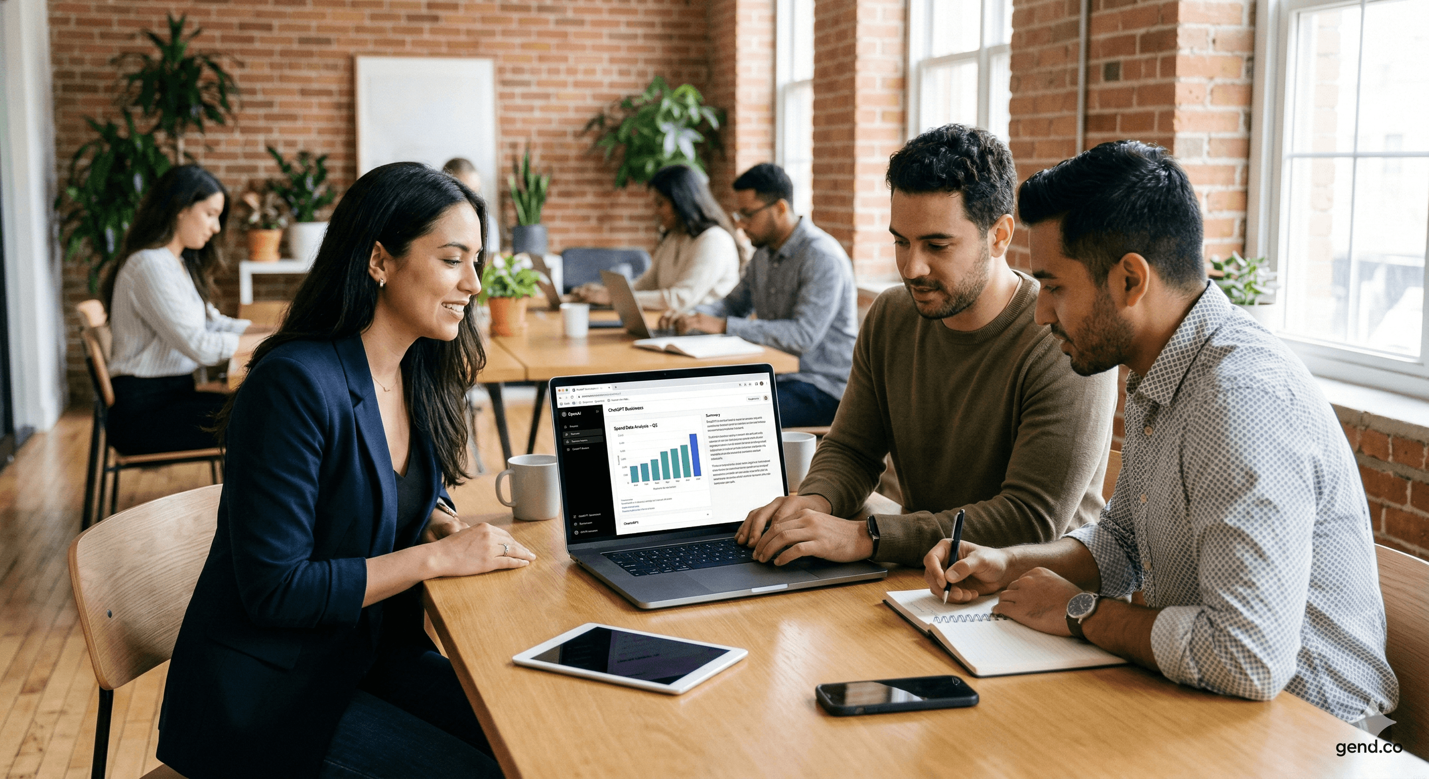 A small team of professionals collaborates in a modern office with exposed brick walls, using a laptop displaying a chart to discuss strategies for optimization, highlighting the efficiency of workflow management.