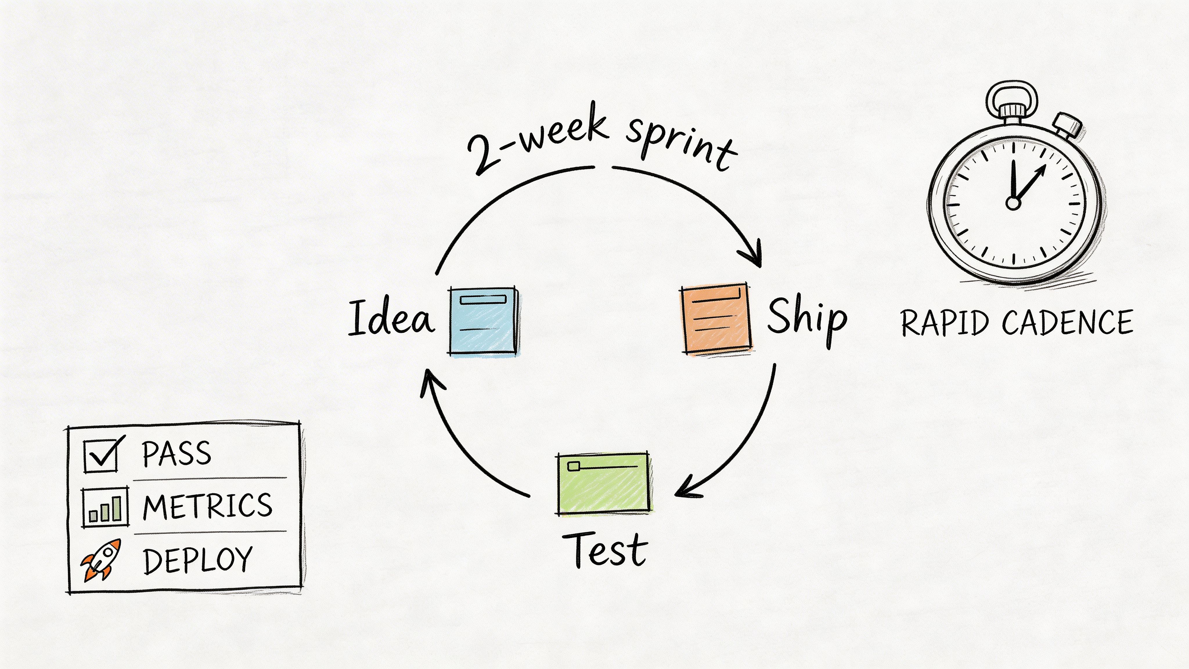 A hand-drawn illustration depicting a two-week sprint cycle consisting of idea, ship, and test phases.