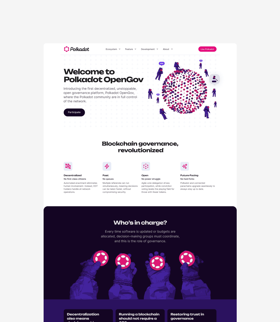 A comprehensive web page design for Polkadot OpenGov showcasing a decentralized governance interface. The layout includes a four-column grid of icons explaining network features, a dark-themed "Who’s in charge?" section with custom illustrations of hands holding tokens, and a professional pink-and-purple color palette.