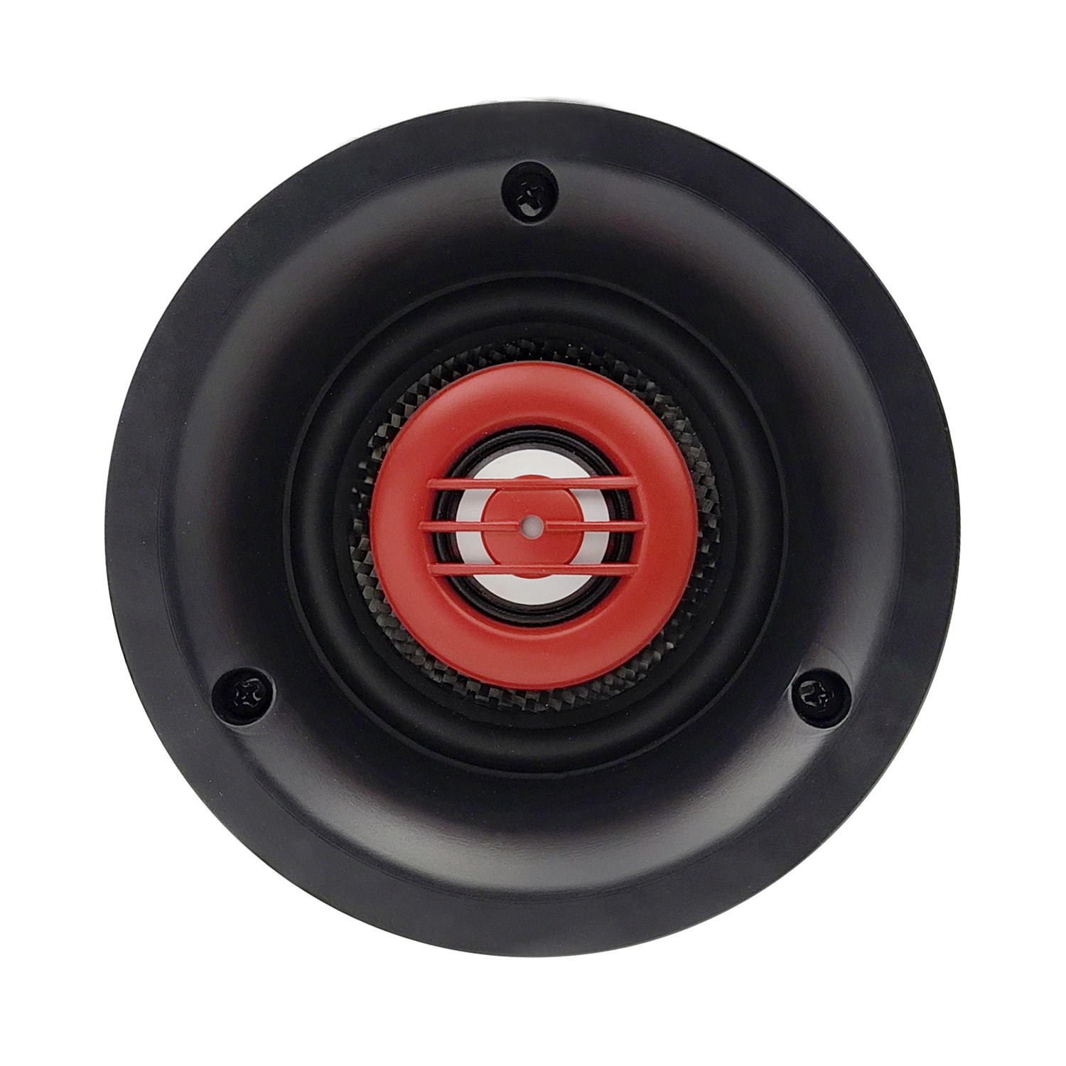 Black speaker with red accent on white background.