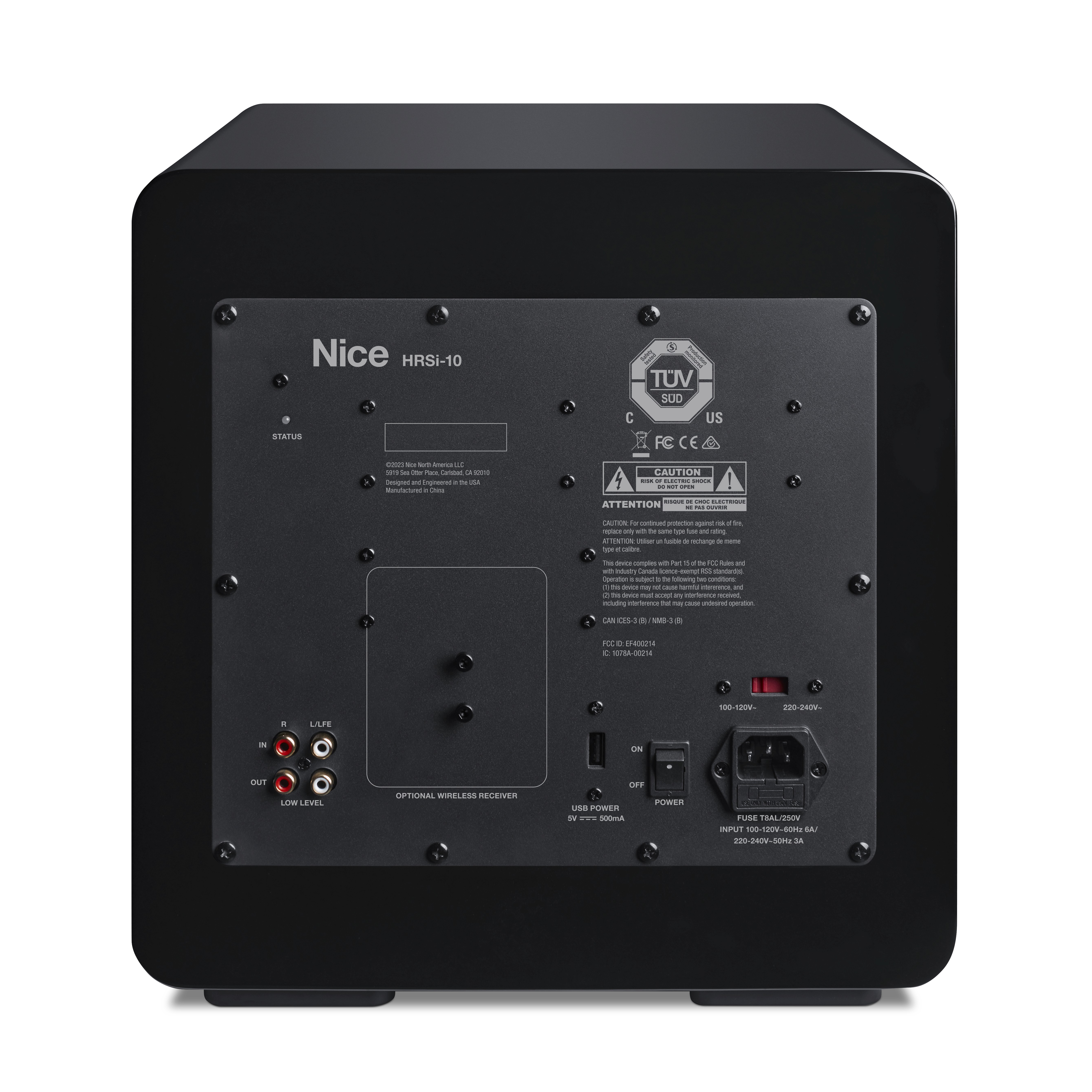 Back panel of a Nice HRSi-10 subwoofer.