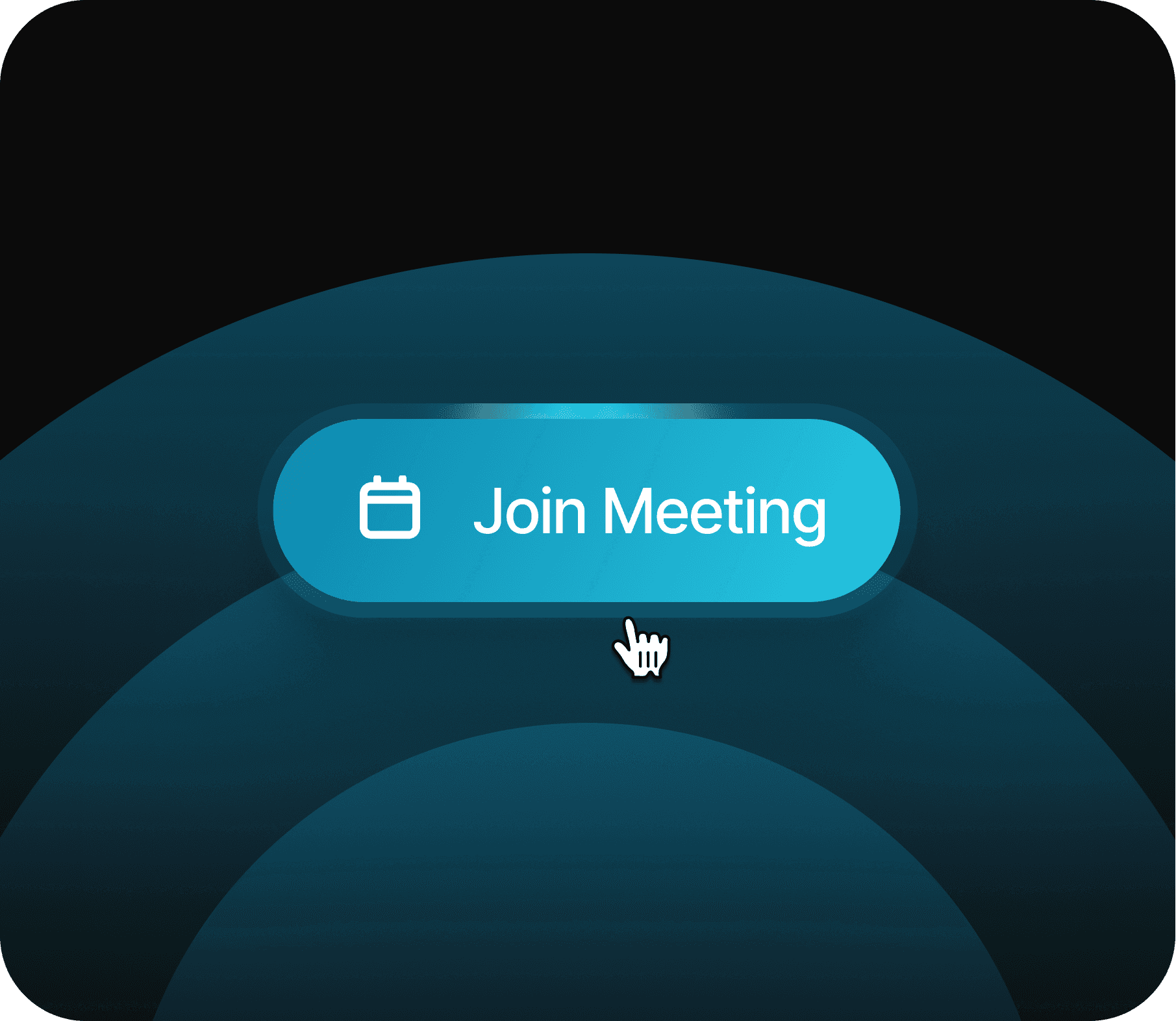 A computer screen displays a turquoise "Join Meeting" button with a mouse cursor hovering over it, set against a dark, concentric circle background.