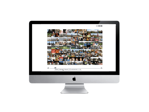 A silver Apple iMac computer displays a photo collage on its screen. The collage is composed of numerous small photos arranged in a grid pattern, showcasing a variety of subjects and scenes. The computer is centered against a plain white background.